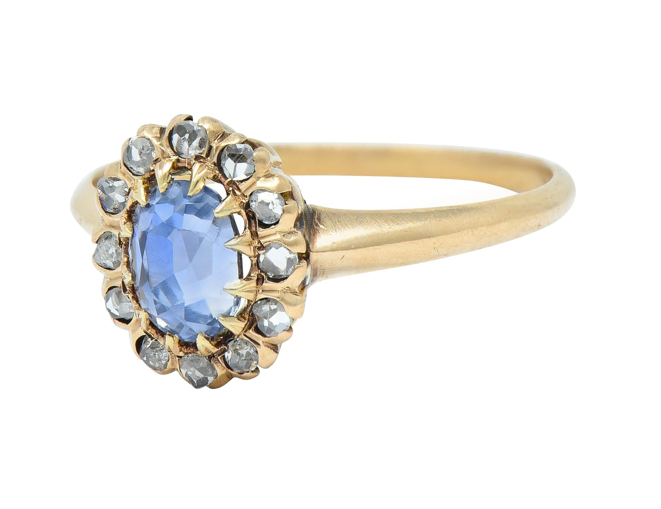 Victorian 1.37 CTW Sapphire Diamond 14 Karat Rose Gold Antique Halo Ring