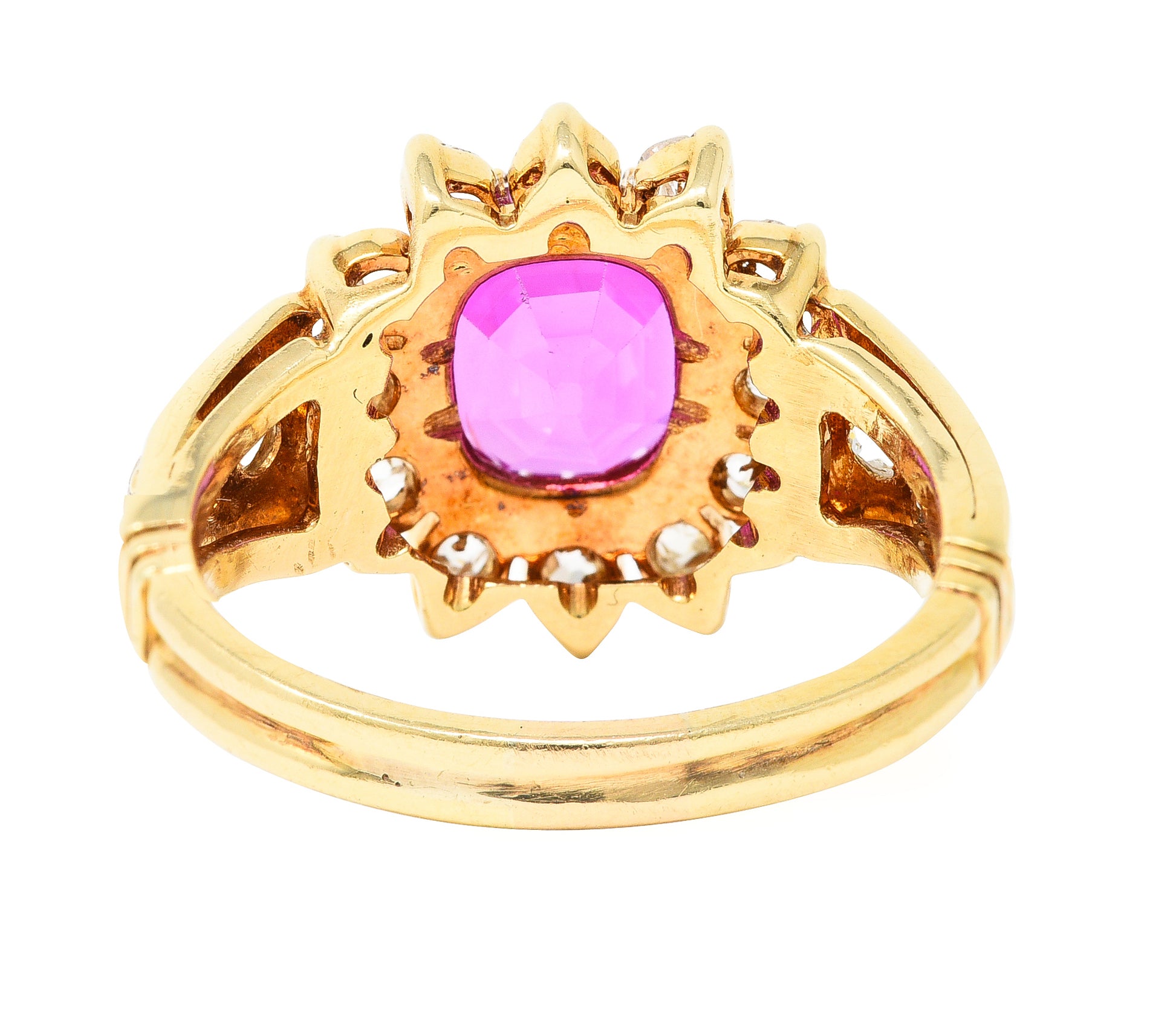 Victorian 2.94 CTW Cushion Cut No-Heat Pink Burma Sapphire Old Mine Cut Diamond 14 Karat Yellow Gold Burst Antique Cluster Ring GIA Wilson's Estate Jewelry