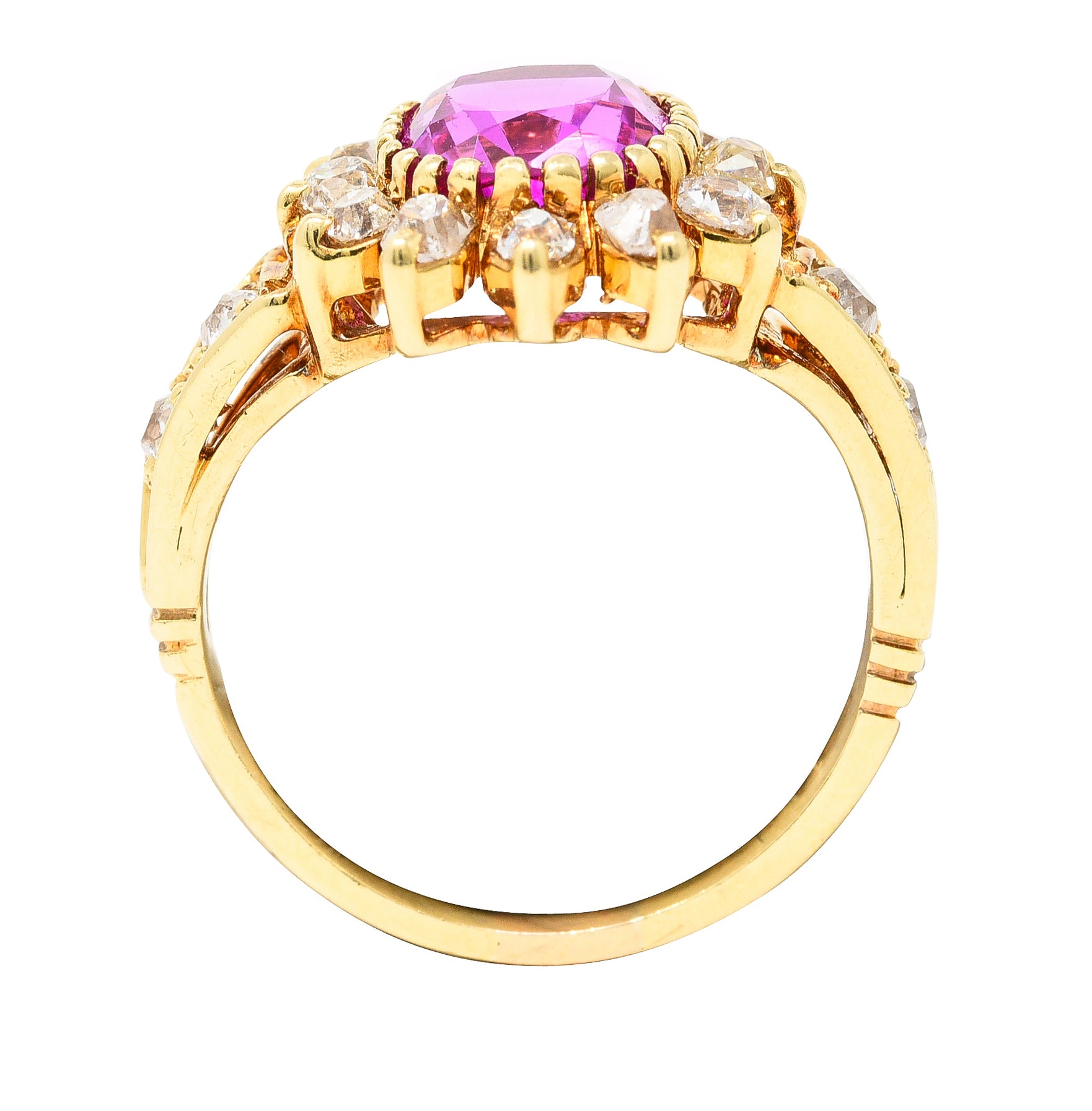 Victorian 2.94 CTW Cushion Cut No-Heat Pink Burma Sapphire Old Mine Cut Diamond 14 Karat Yellow Gold Burst Antique Cluster Ring GIA Wilson's Estate Jewelry