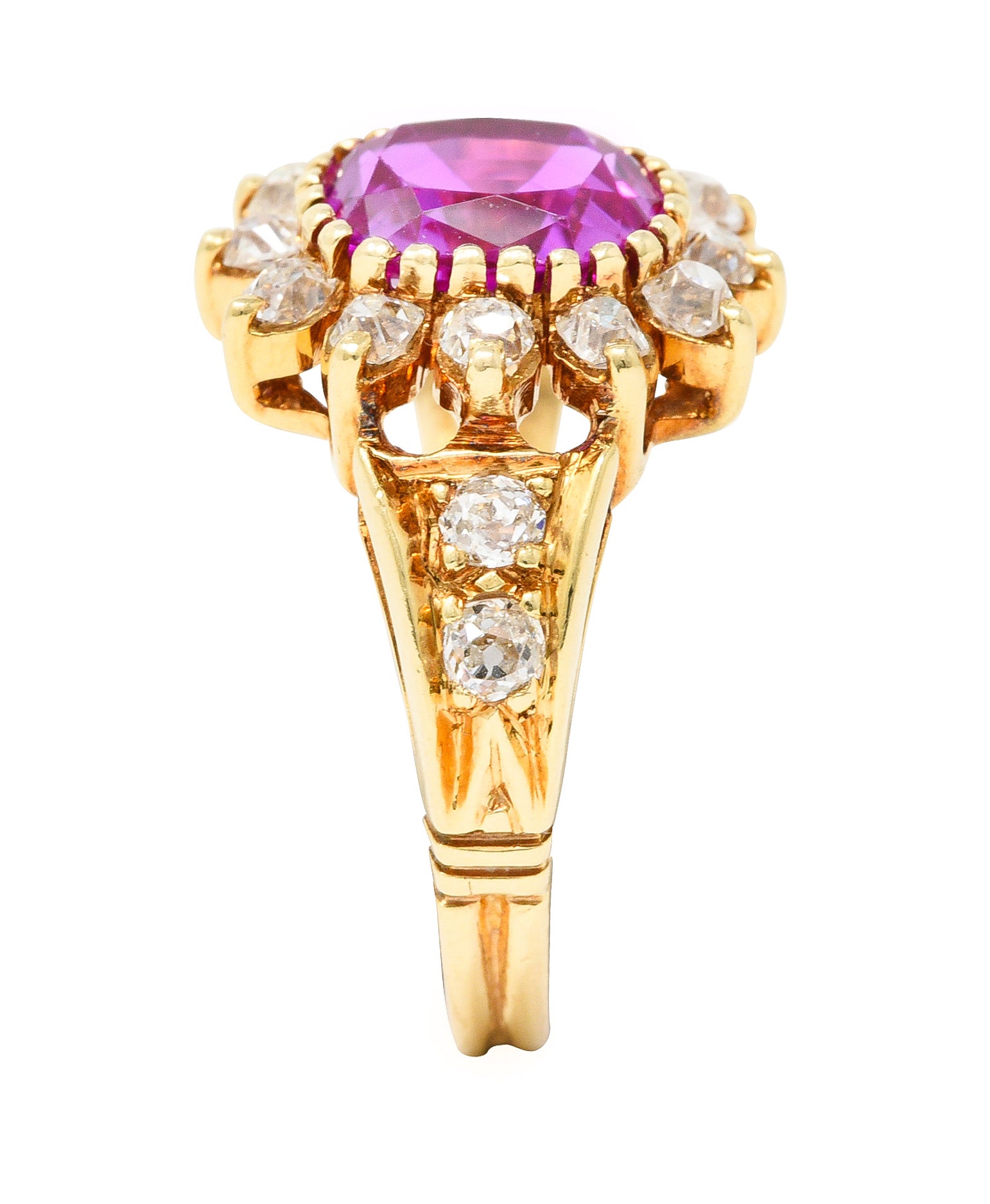 Victorian 2.94 CTW Cushion Cut No-Heat Pink Burma Sapphire Old Mine Cut Diamond 14 Karat Yellow Gold Burst Antique Cluster Ring GIA Wilson's Estate Jewelry