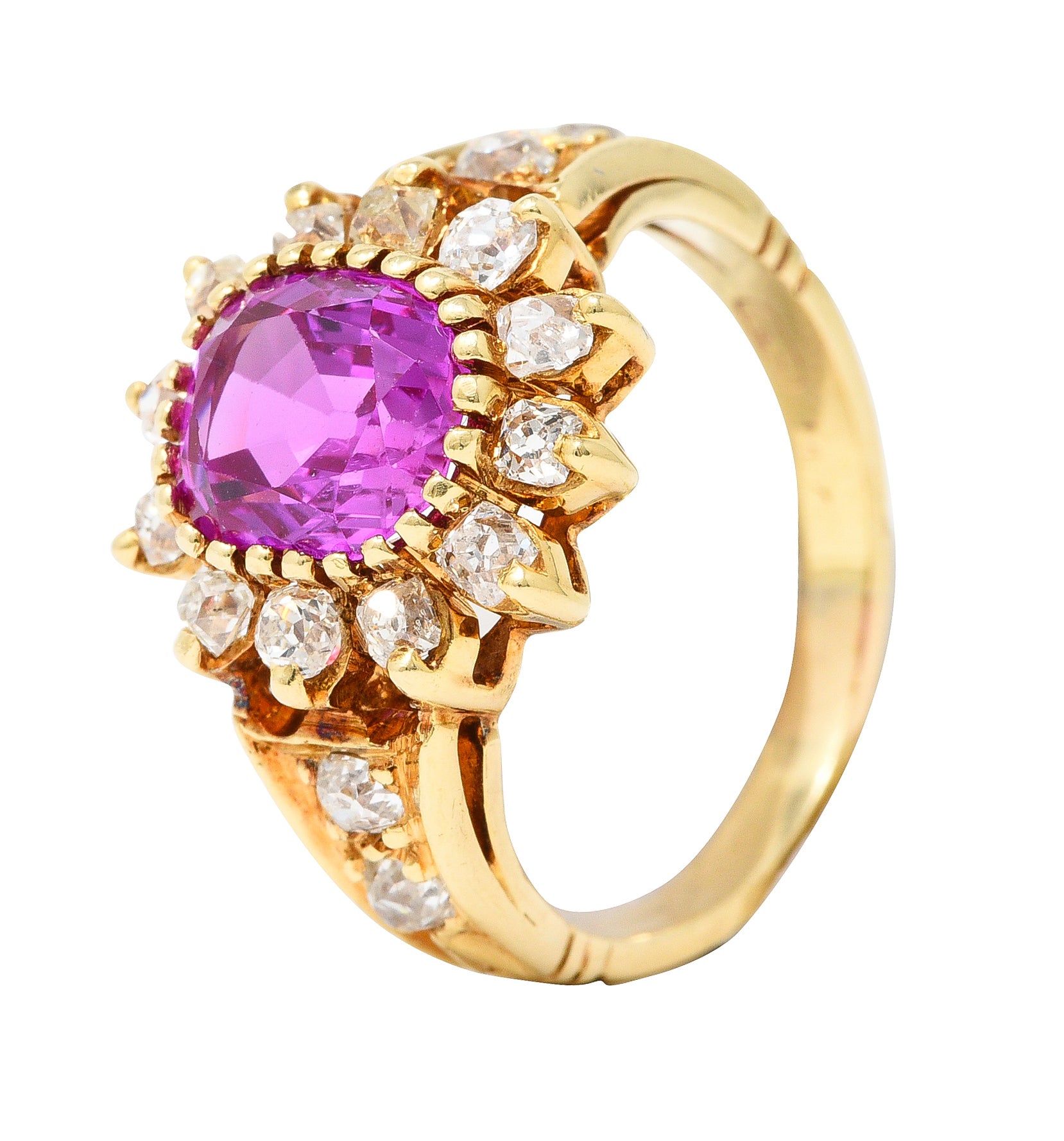 Victorian 2.94 CTW Cushion Cut No-Heat Pink Burma Sapphire Old Mine Cut Diamond 14 Karat Yellow Gold Burst Antique Cluster Ring GIA Wilson's Estate Jewelry