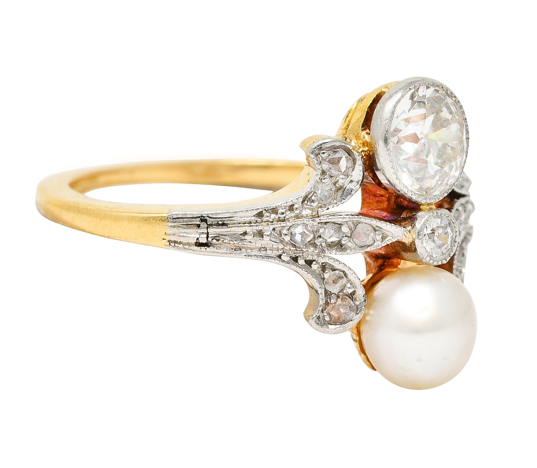 Edwardian Old European Cut Diamond Natural Pearl Platinum-Topped 18 Karat Yellow Gold Fleur-De-Lis Antique Ring Wilson's Estate Jewelry