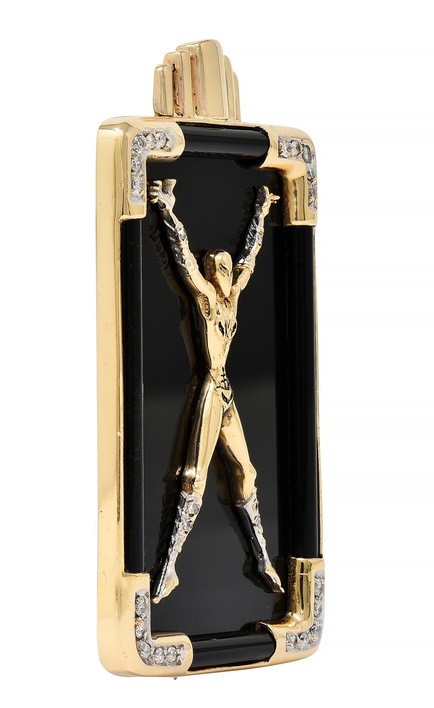 Erté 14 Karat Yellow Gold Diamond Onyx Alien "X" Alphabet 9 Brooch