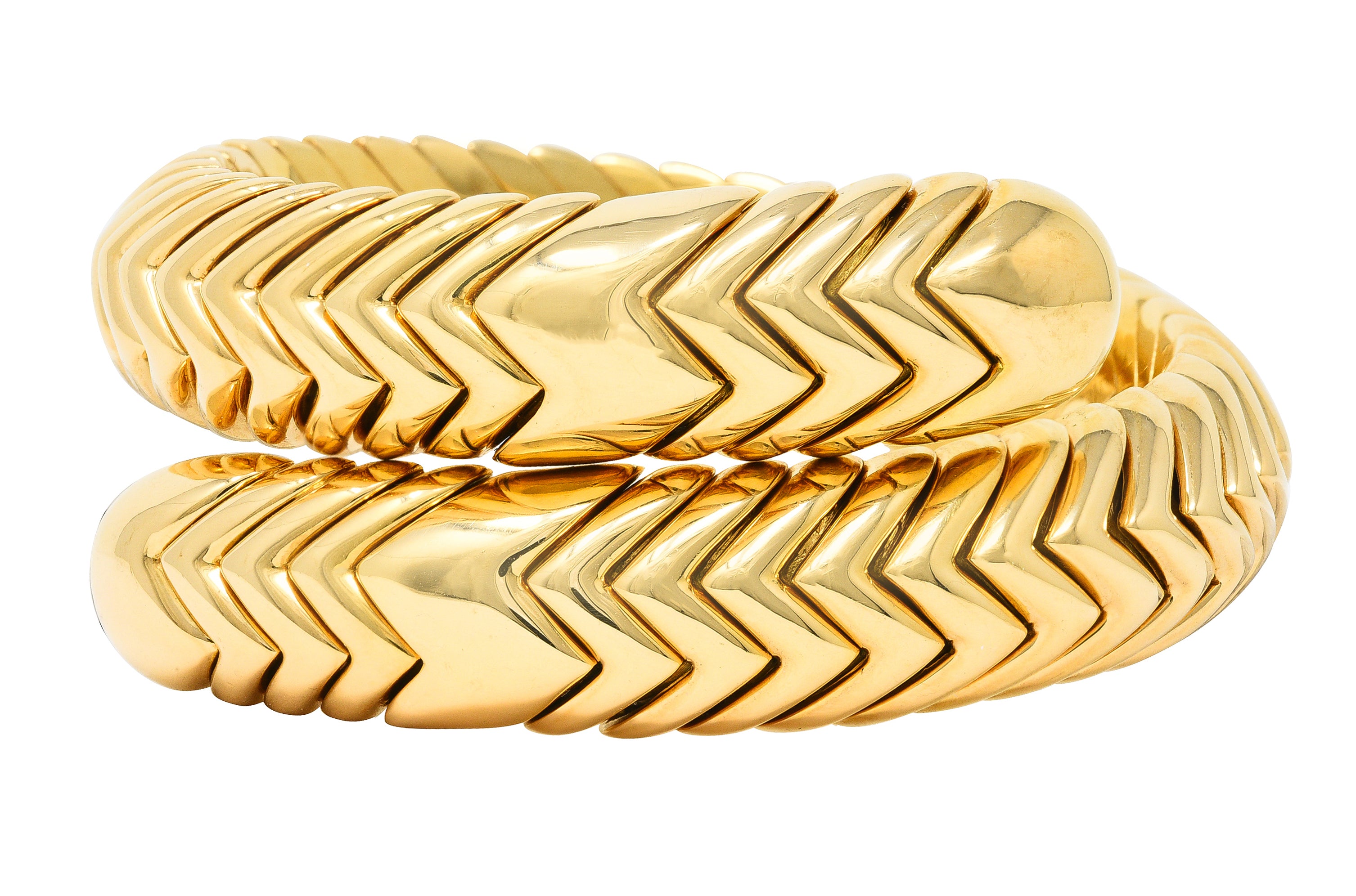 Bulgari 1990's 18 Karat Yellow Gold Chevron Spiga Wrap Vintage Bangle Bracelet Wilson's Estate Jewelry