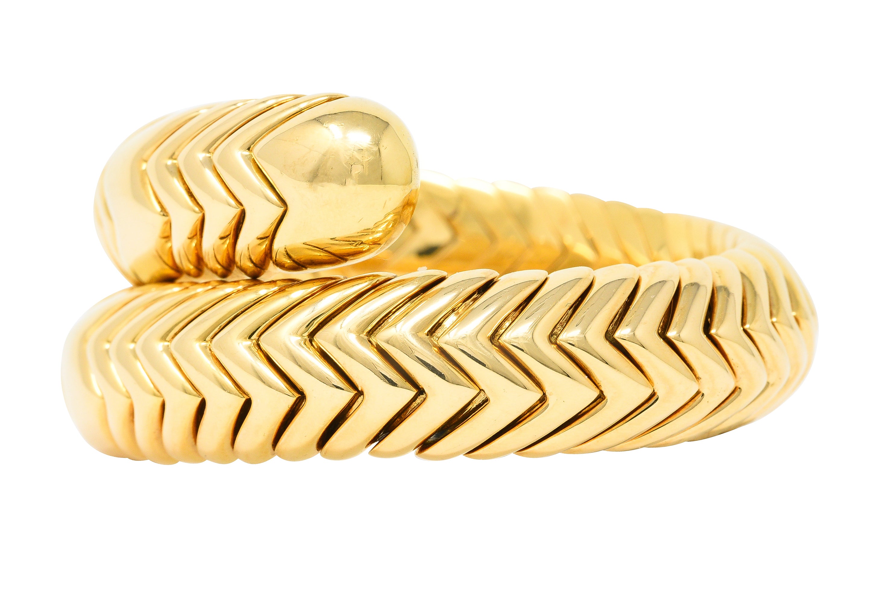 Bulgari 1990's 18 Karat Yellow Gold Chevron Spiga Wrap Vintage Bangle Bracelet Wilson's Estate Jewelry