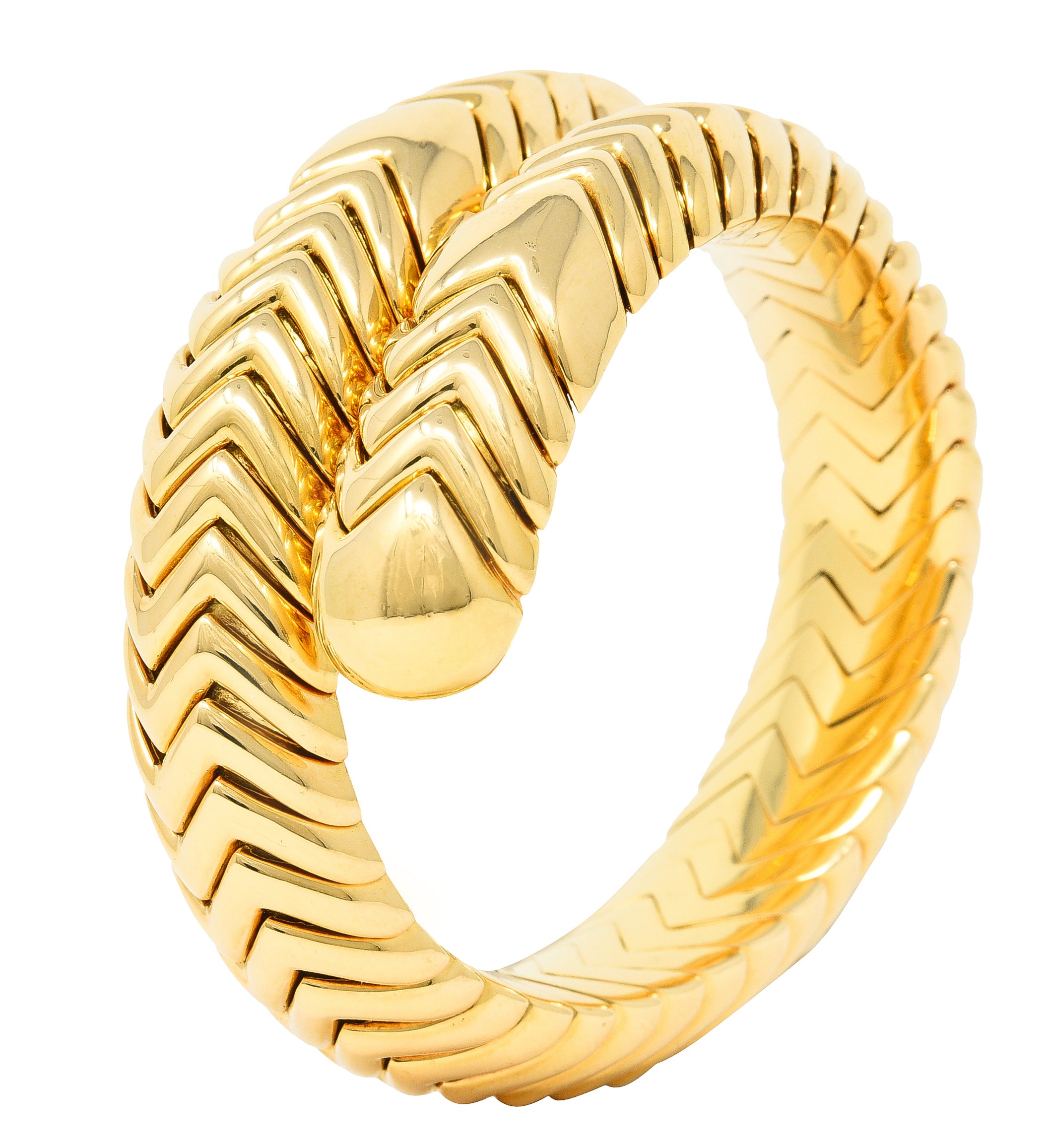 Bulgari 1990's 18 Karat Yellow Gold Chevron Spiga Wrap Vintage Bangle Bracelet Wilson's Estate Jewelry