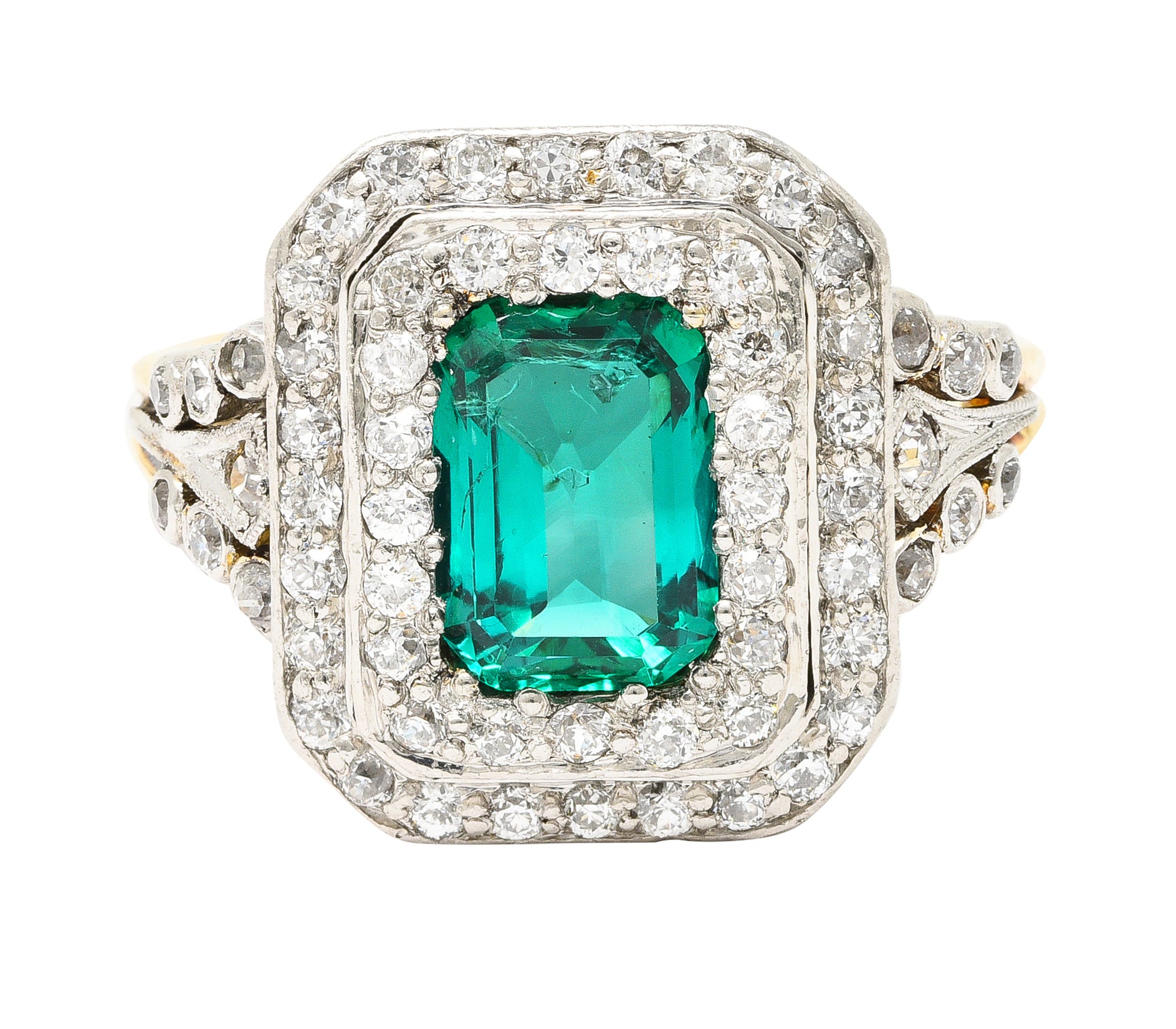 Tiffany & Co. Edwardian 2.12 CTW Colombian Emerald Diamond Platinum-Topped 18 Karat Yellow Gold Antique Double Halo Ring AGL Wilson's Estate Jewelry