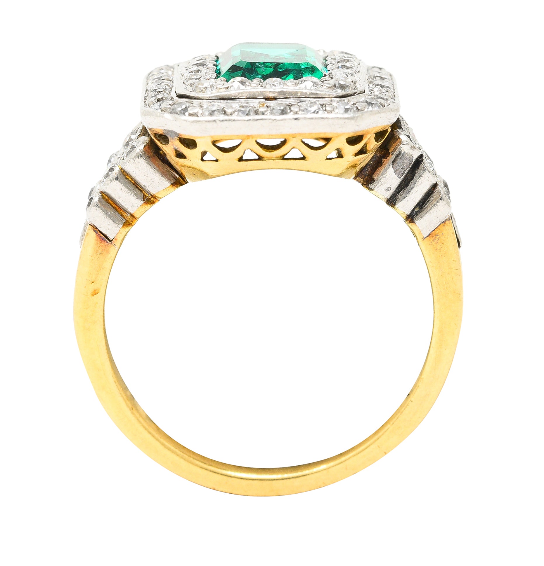 Tiffany & Co. Edwardian 2.12 CTW Colombian Emerald Diamond Platinum-Topped 18 Karat Yellow Gold Antique Double Halo Ring AGL Wilson's Estate Jewelry