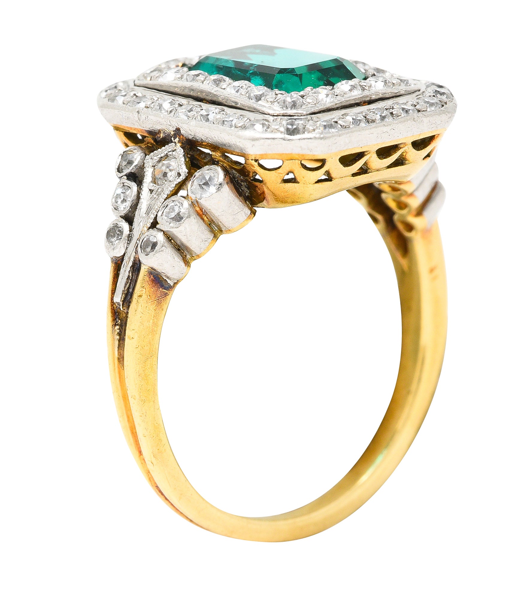 Tiffany & Co. Edwardian 2.12 CTW Colombian Emerald Diamond Platinum-Topped 18 Karat Yellow Gold Antique Double Halo Ring AGL Wilson's Estate Jewelry