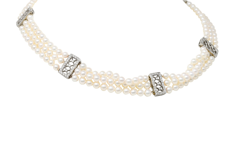 Tiffany & Co. Diamond Pearl Platinum Voile Three Strand Station Collar Necklace Wilson's Estate Jewelry