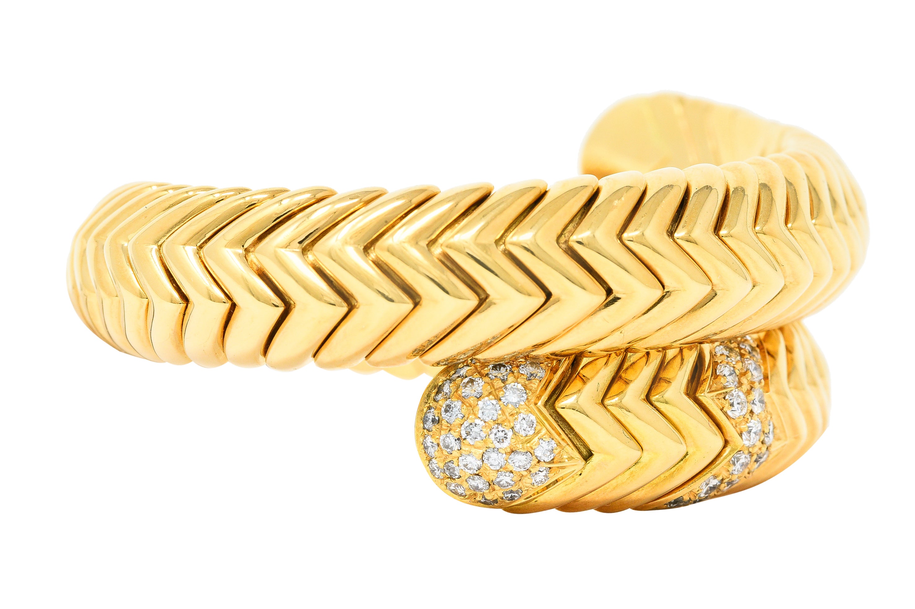 Bulgari 1990's Diamond 18 Karat Yellow Gold Chevron Spiga Wrap Vintage Bangle Bracelet Wilson's Estate Jewelry