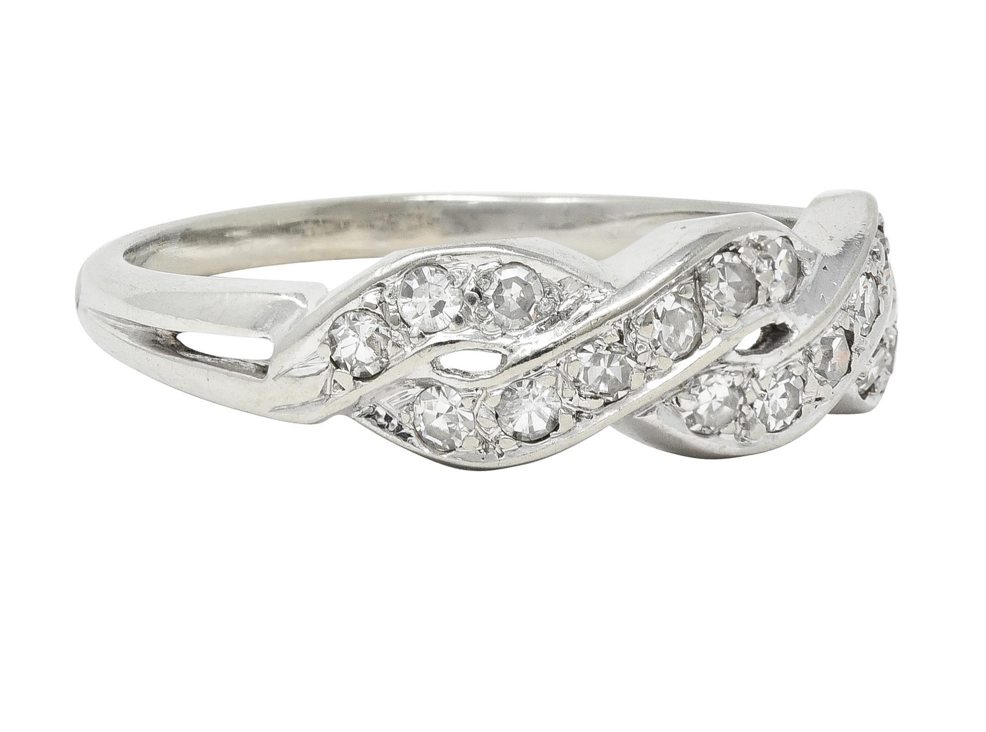 Mid-Century Diamond 14 Karat White Gold Vintage Twist Wedding Band Ring