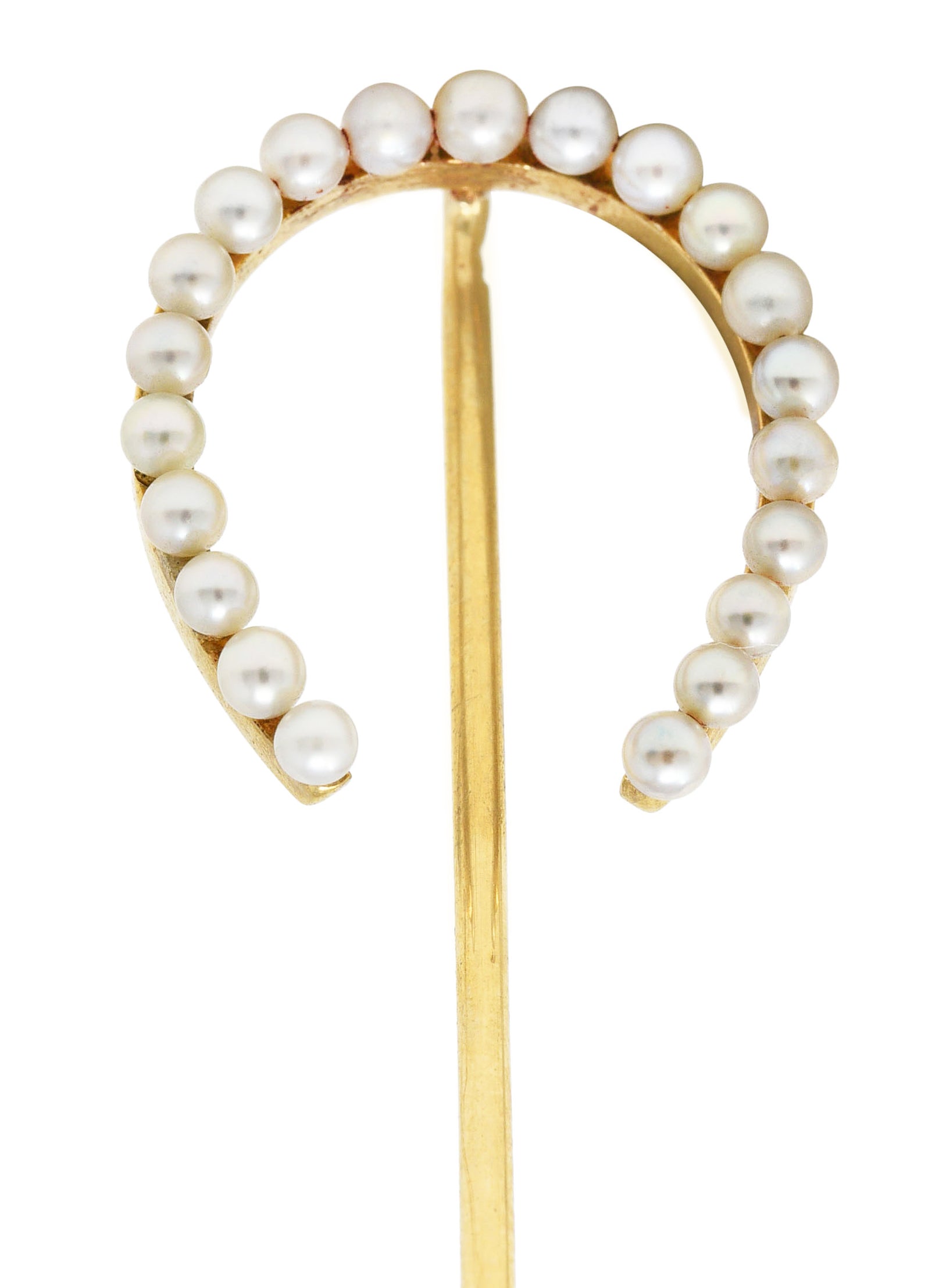 Edwardian 14 Karat Yellow Gold Pearl Horseshoe Stickpin Wilson's Estate Jewelry