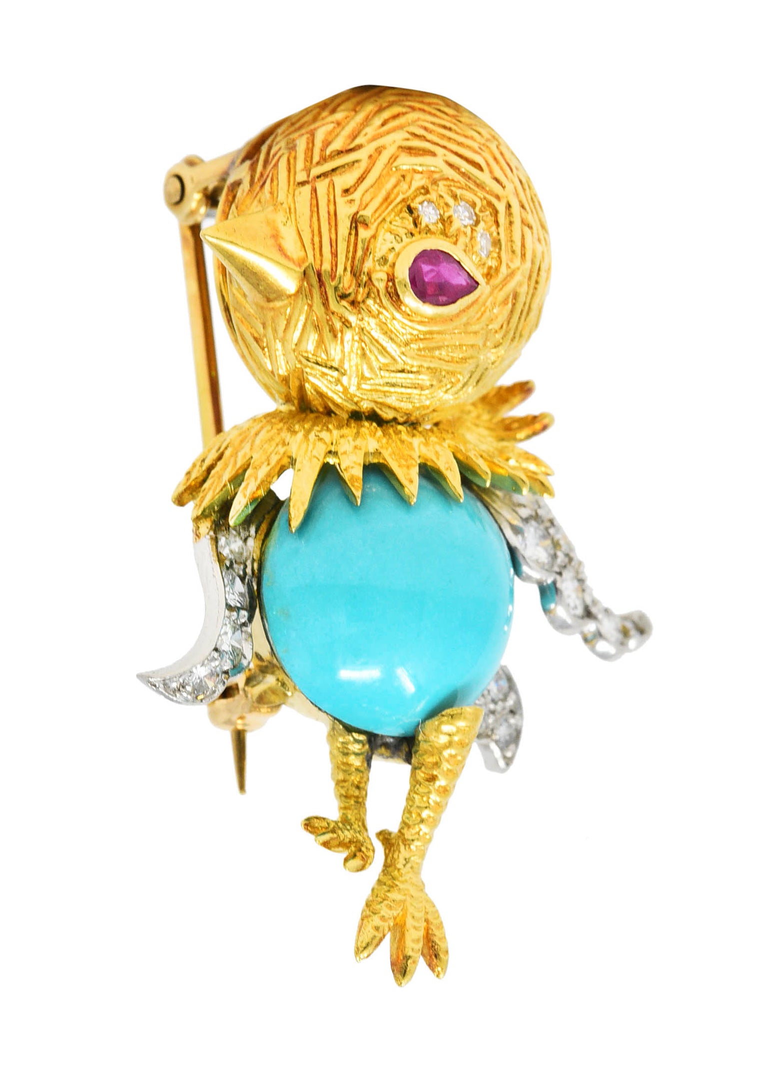 Mid-Century Diamond Ruby Turquoise Platinum 18 Karat Yellow Gold Cartoon Bird Vintage Brooch Wilson's Estate Jewelry