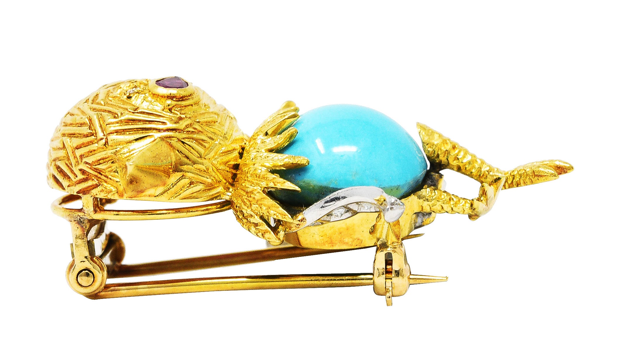 Mid-Century Diamond Ruby Turquoise Platinum 18 Karat Yellow Gold Cartoon Bird Vintage Brooch Wilson's Estate Jewelry