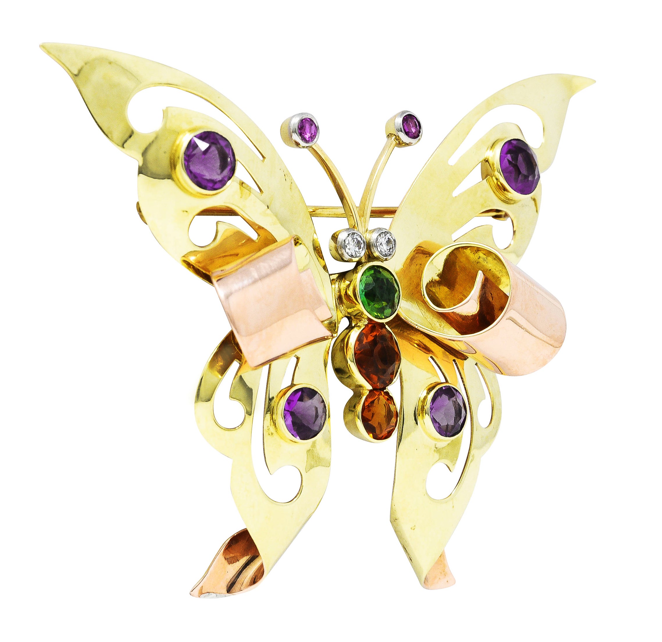 Retro Diamond Amethyst Tourmaline Citrine Ruby Tri-Colored 14 Karat Gold Scrolling Butterfly Vintage Brooch Wilson's Estate Jewelry