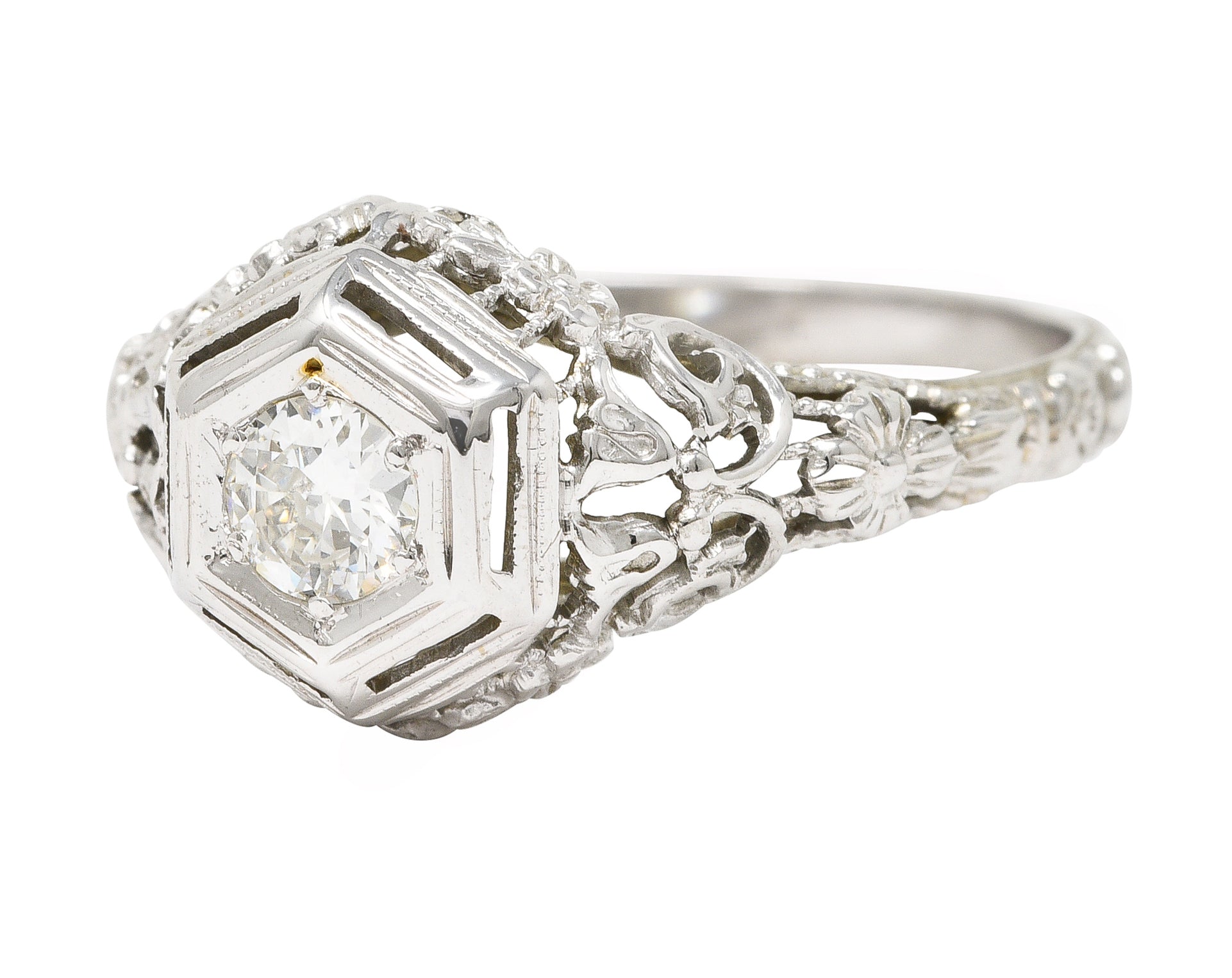 Art Deco 0.25 CTW Old European Cut Diamond 18 Karat White Gold Scrolling Orange Blossom Engagement Ring Wilson's Estate Jewelry