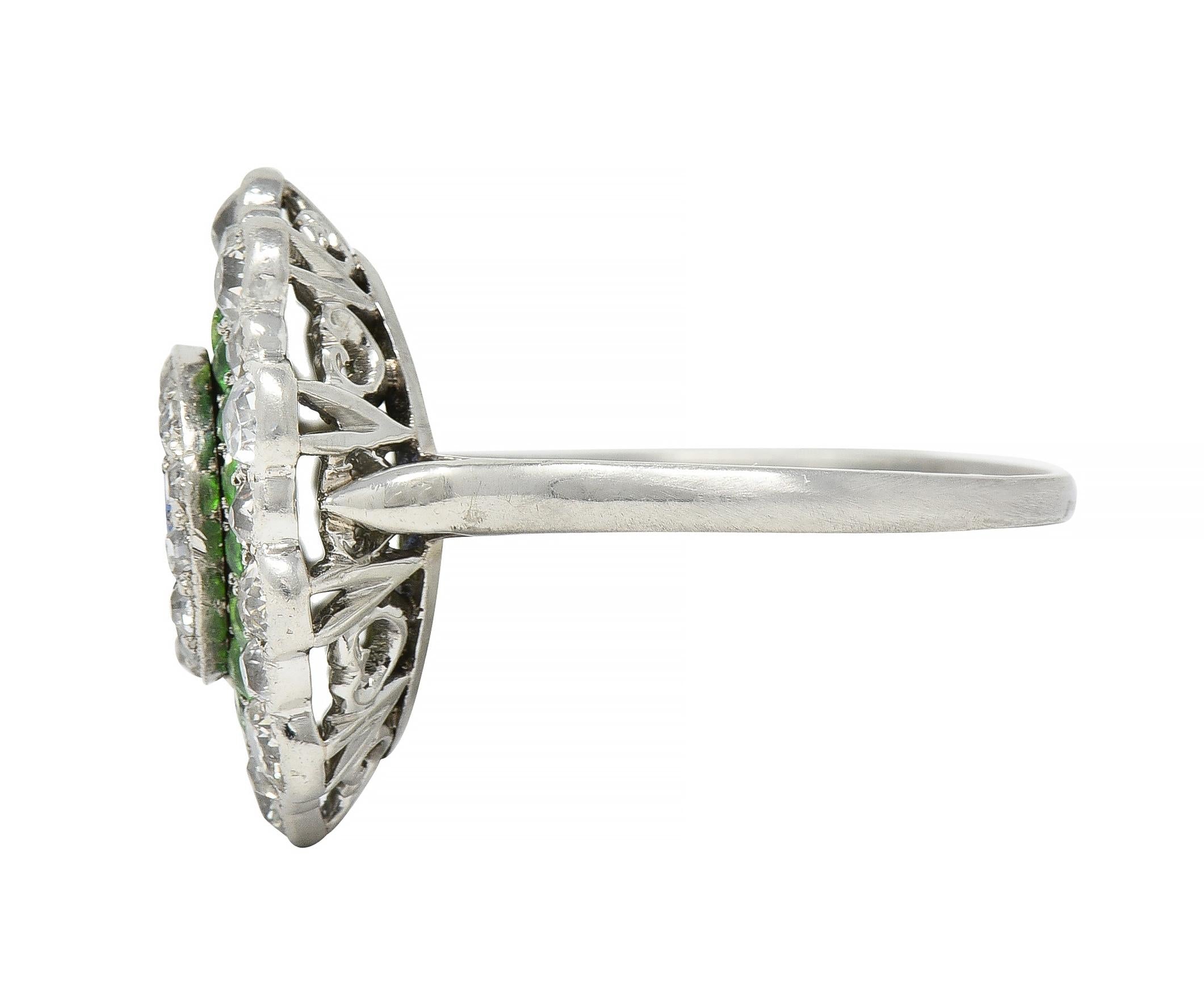 Art Deco 2.15 CTW Sapphire Demantoid Garnet Diamond Platinum Triple Halo Ring