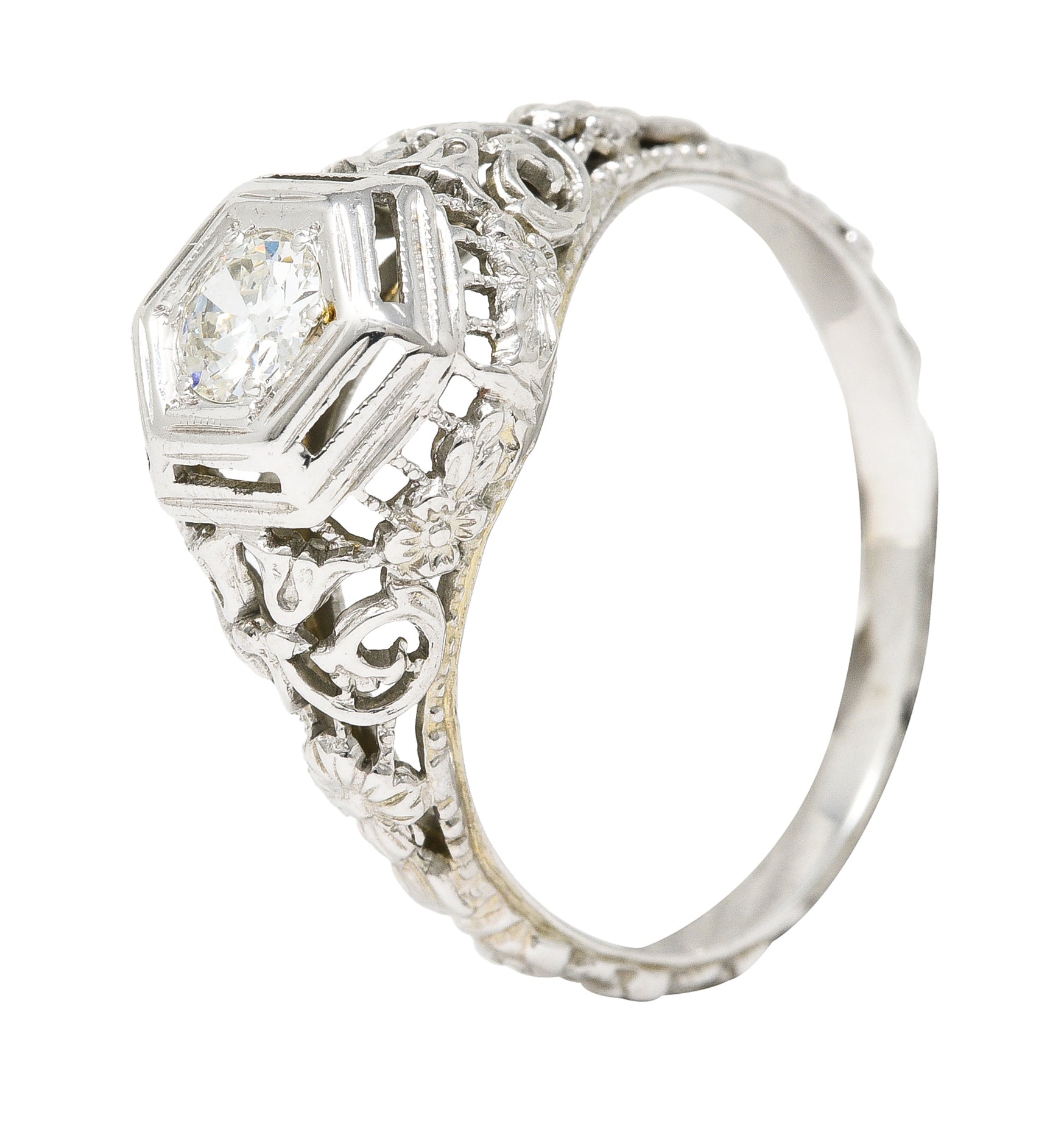 Art Deco 0.25 CTW Old European Cut Diamond 18 Karat White Gold Scrolling Orange Blossom Engagement Ring Wilson's Estate Jewelry