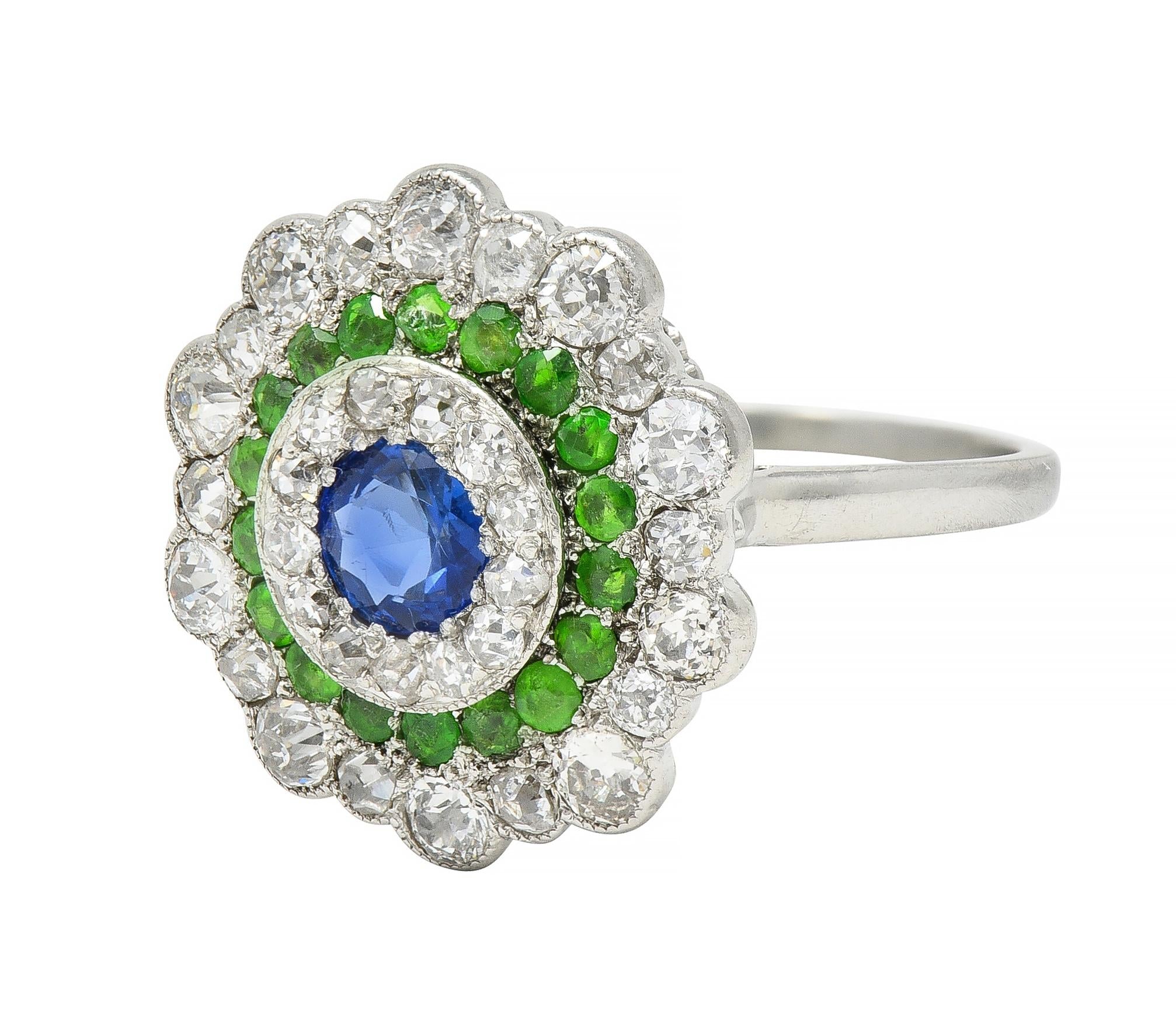 Art Deco 2.15 CTW Sapphire Demantoid Garnet Diamond Platinum Triple Halo Ring