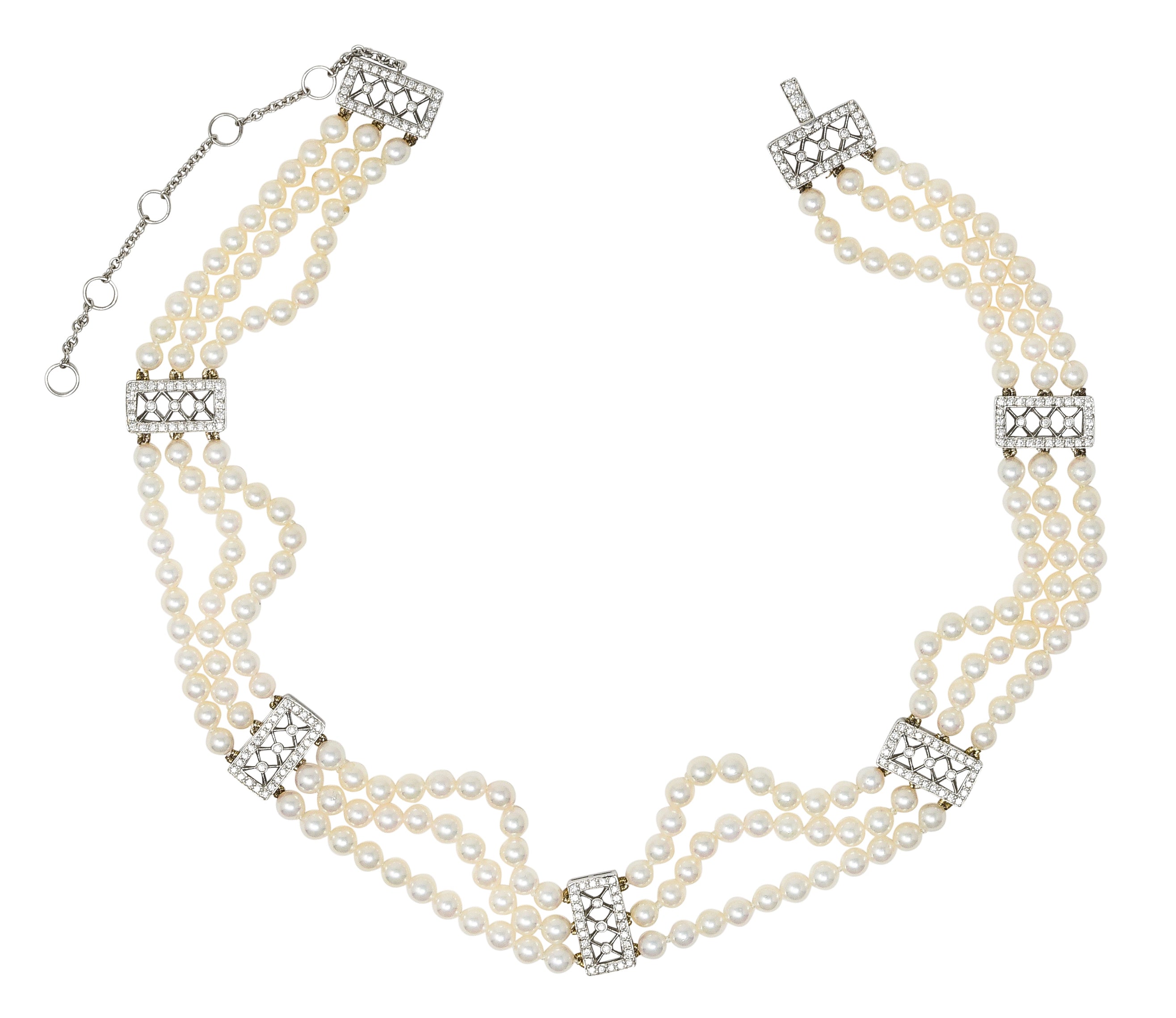 Tiffany & Co. Diamond Pearl Platinum Voile Three Strand Station Collar Necklace Wilson's Estate Jewelry