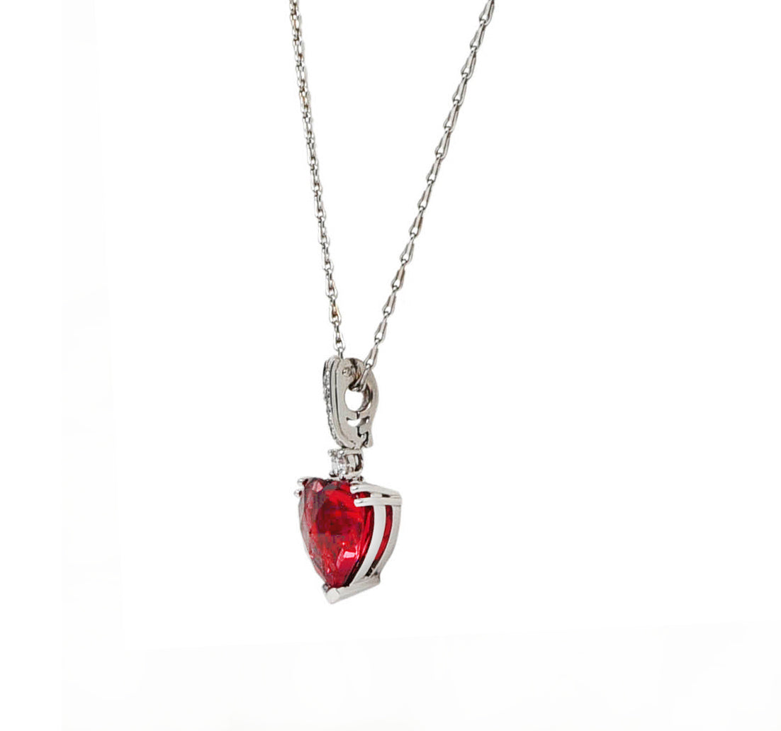 Kurt Wayne 1990's Diamond Rubellite Tourmaline 18 Karat White Gold Heart Enhancer Pendant Vintage Necklace Wilson's Estate Jewelry