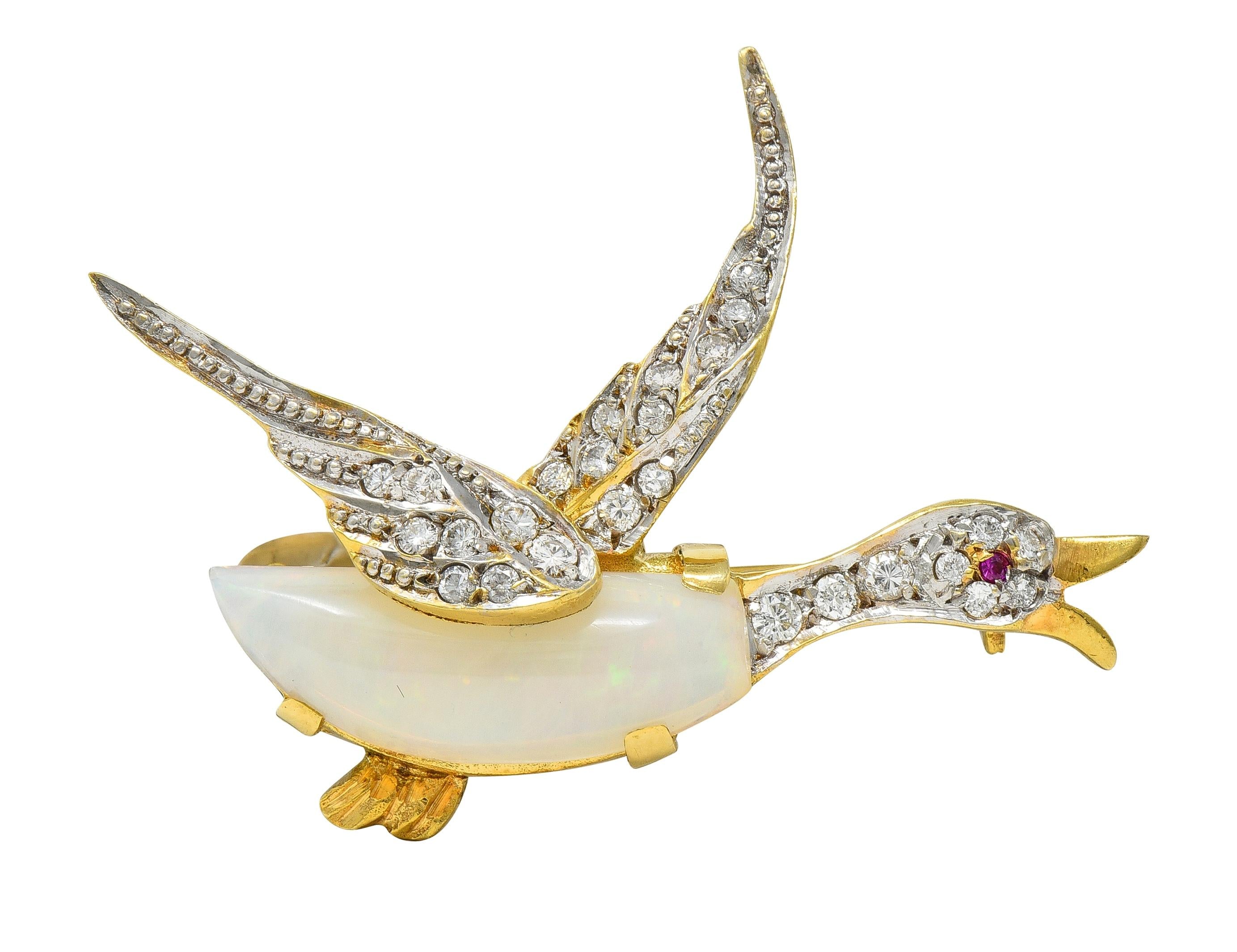 1960's Opal Diamond Ruby Platinum 18 Karat Gold Vintage Goose Bird Brooch