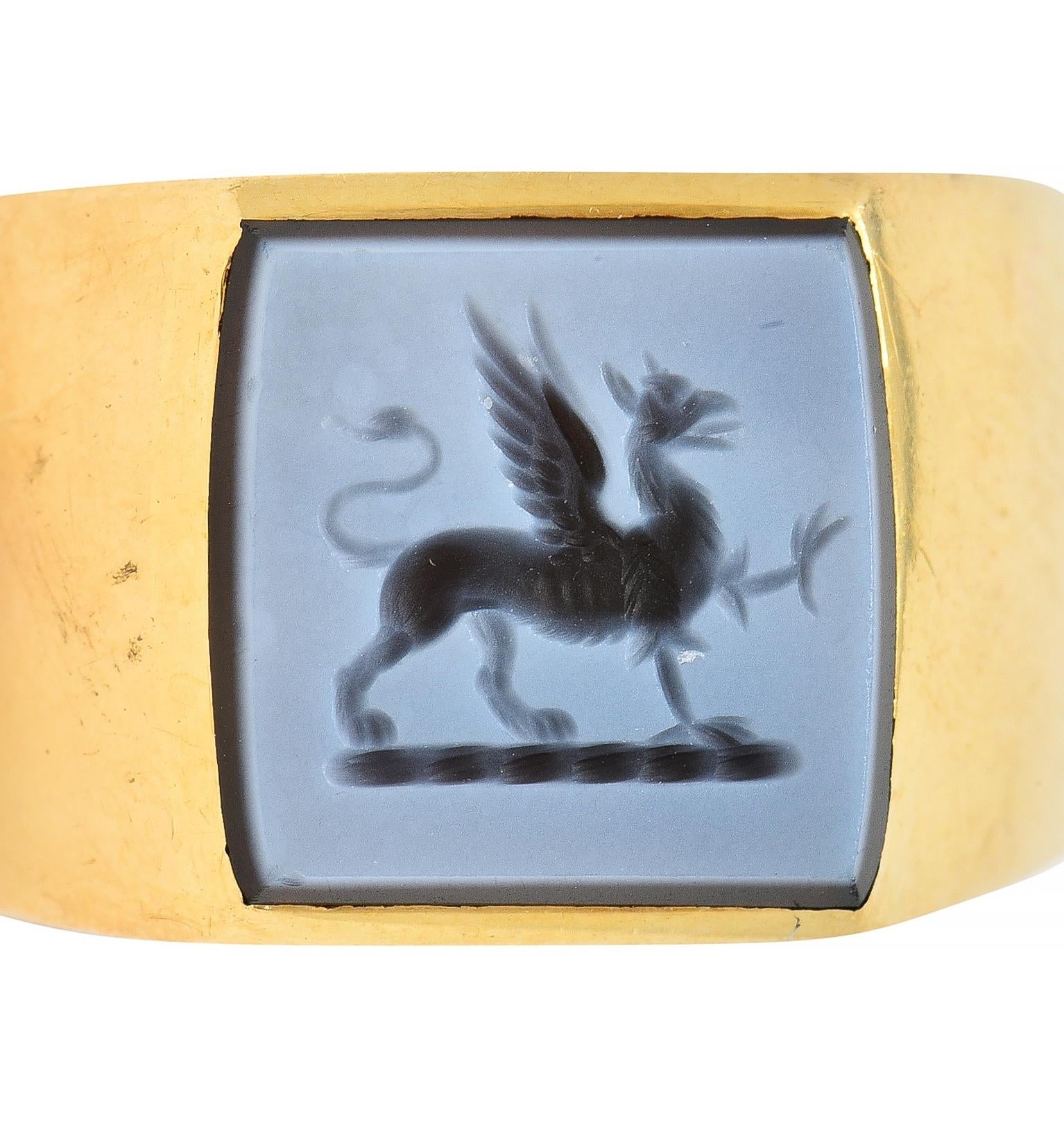 Victorian Hardstone Intaglio 18 Karat Yellow Gold Griffin Unisex Signet Ring