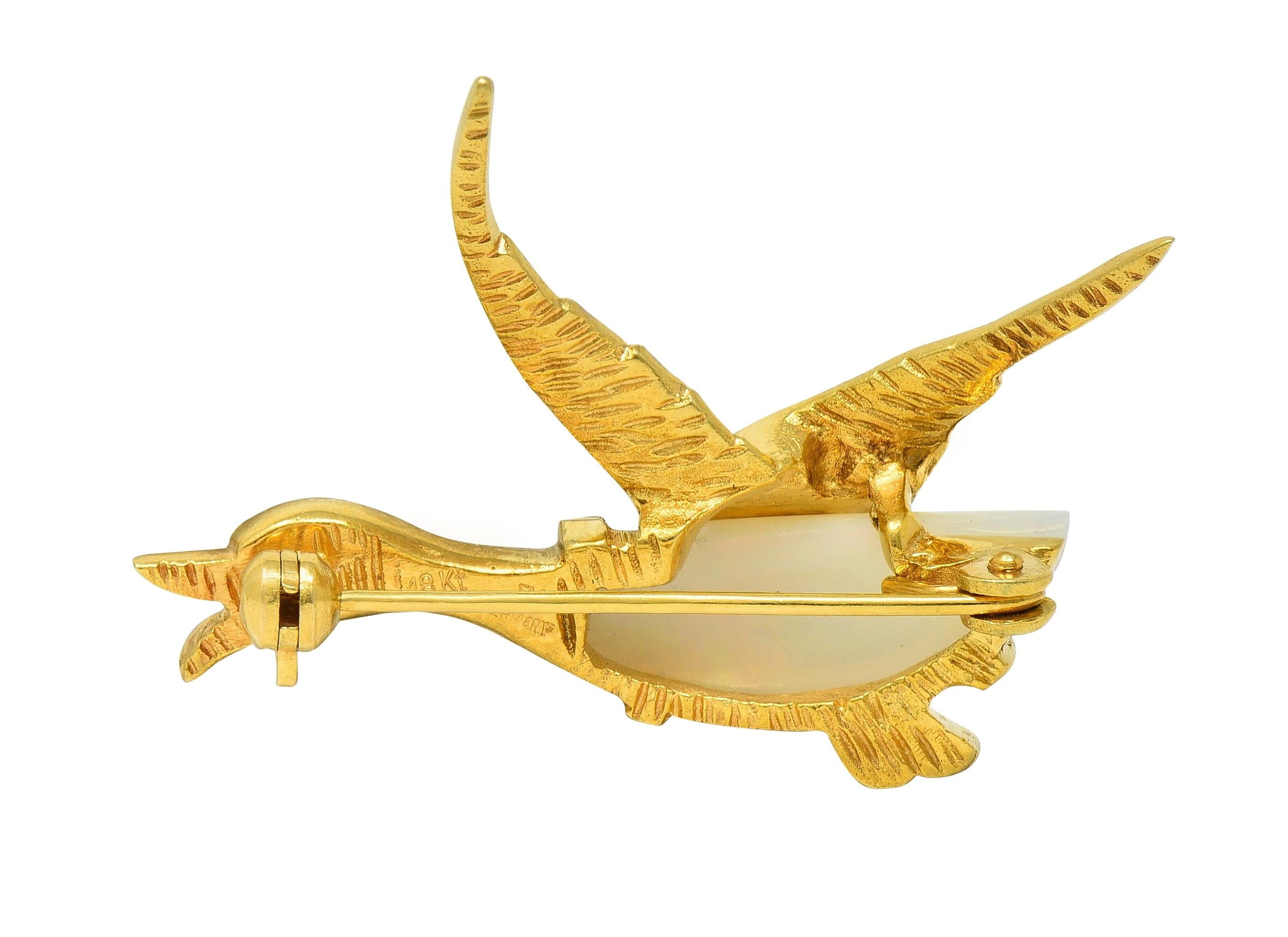 1960's Opal Diamond Ruby Platinum 18 Karat Gold Vintage Goose Bird Brooch