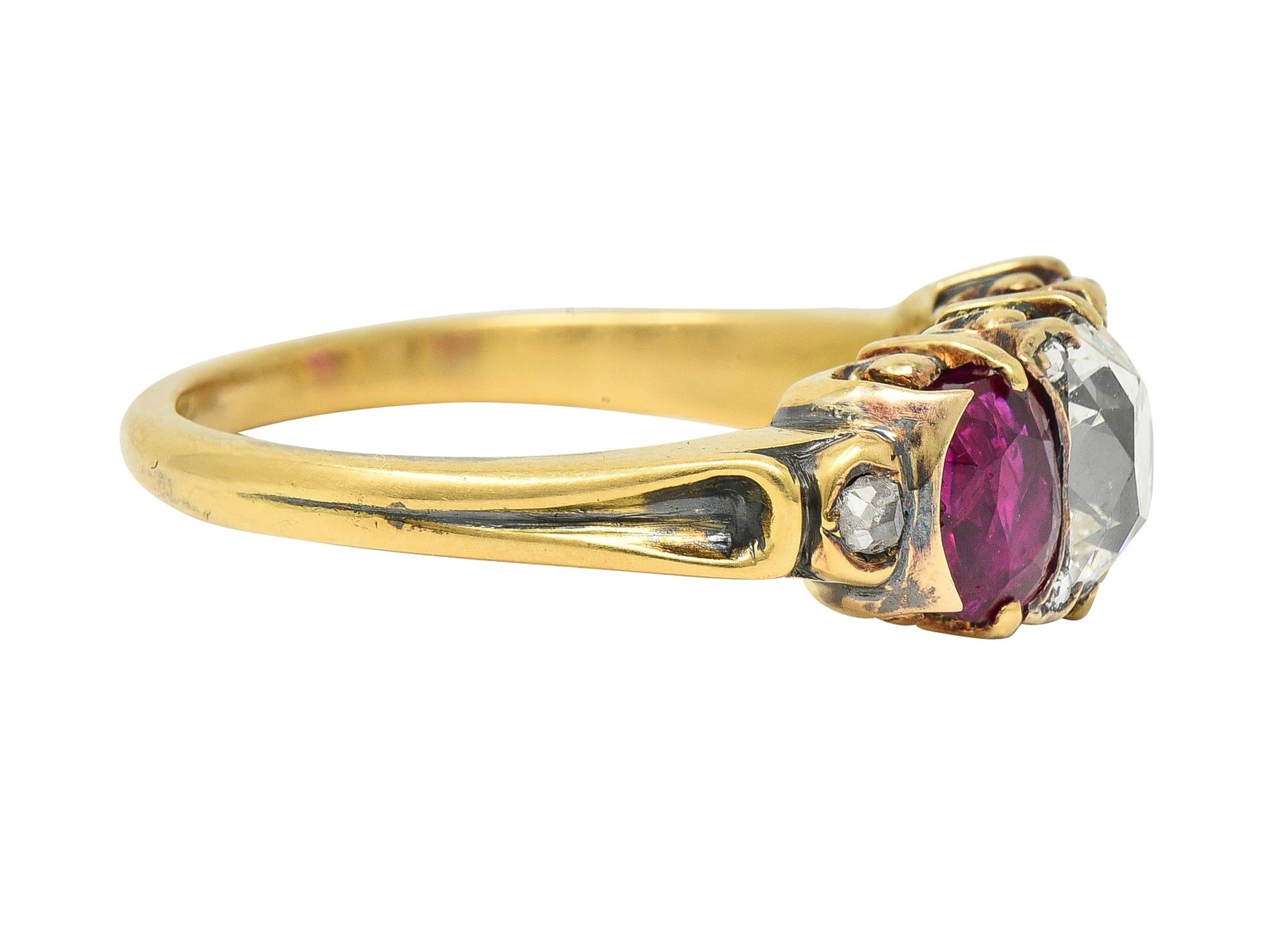 Victorian 3.40 CTW Diamond No Heat Burma Ruby 18 Karat Gold Three Stone Ring GIA