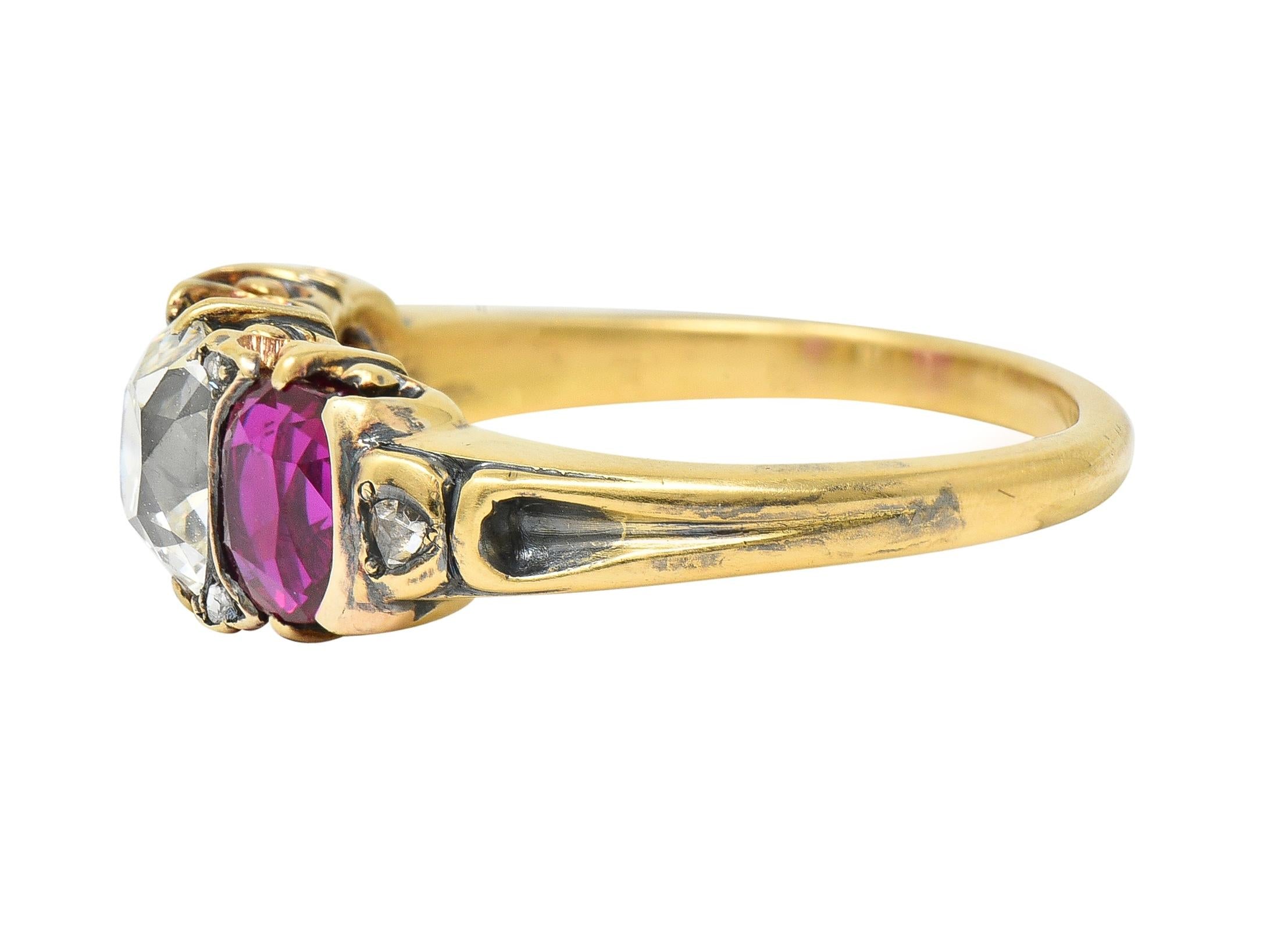 Victorian 3.40 CTW Diamond No Heat Burma Ruby 18 Karat Gold Three Stone Ring GIA