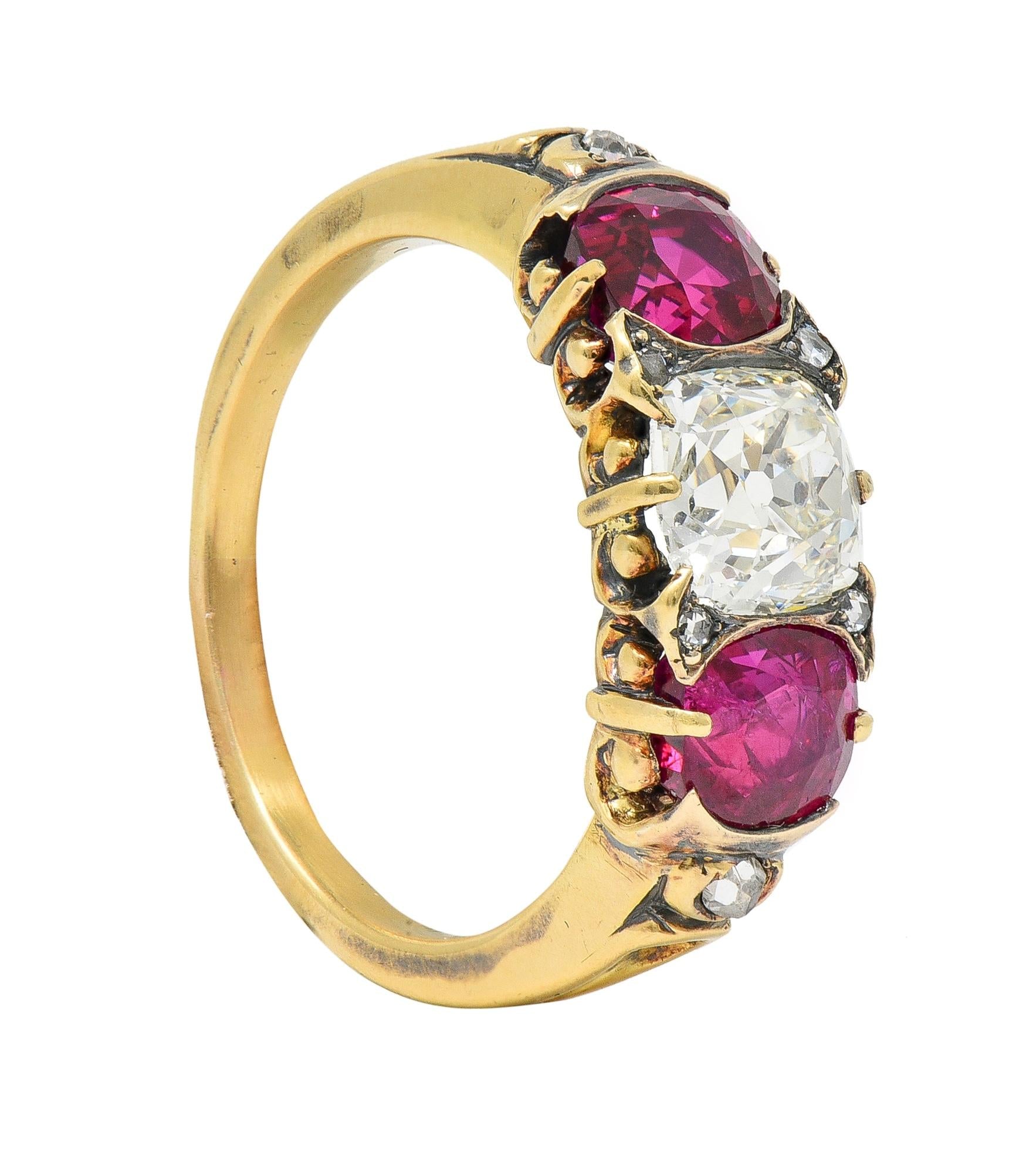 Victorian 3.40 CTW Diamond No Heat Burma Ruby 18 Karat Gold Three Stone Ring GIA