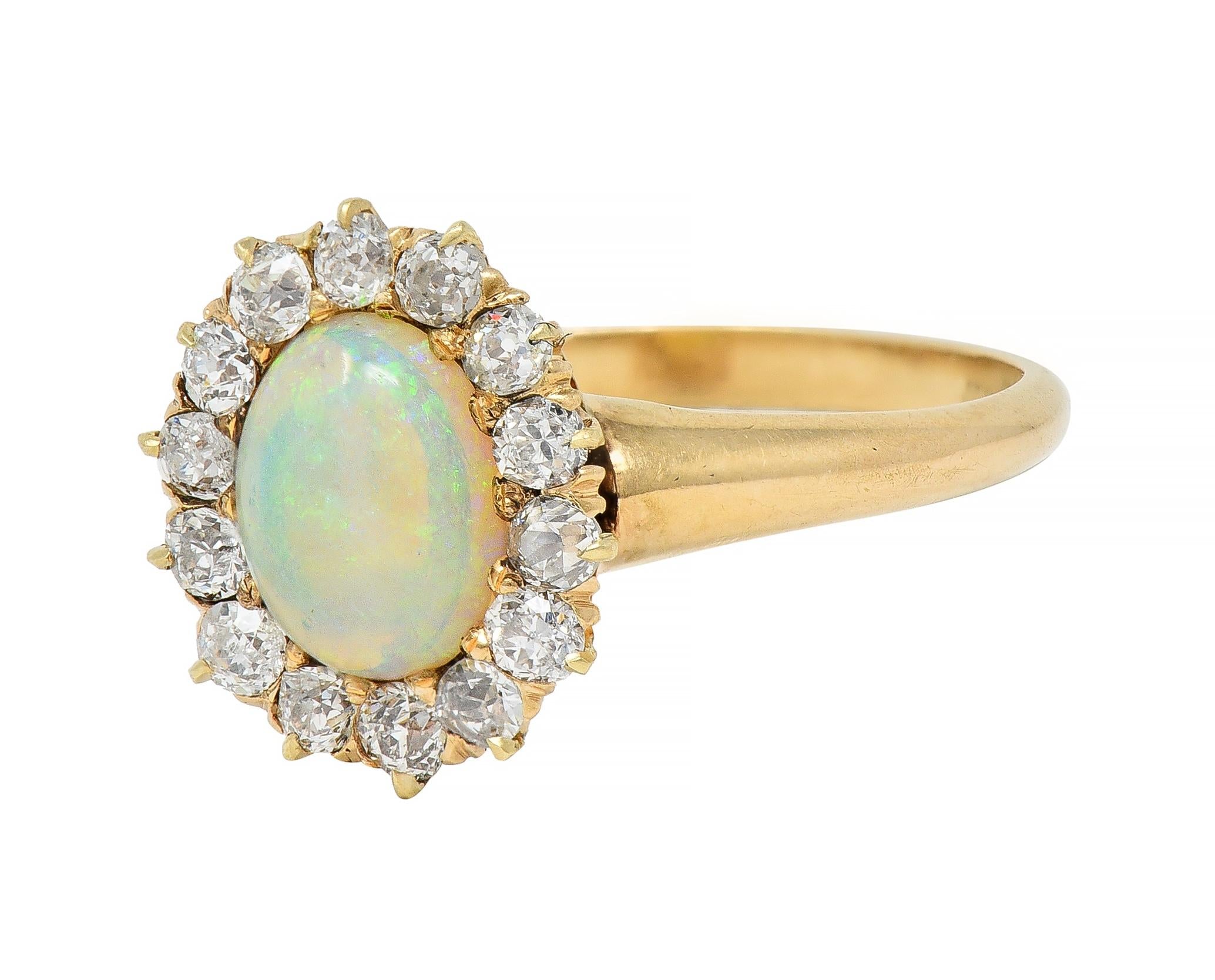 Victorian Old Mine Diamond Opal Cabochon 14 Karat Gold Antique Cluster Ring