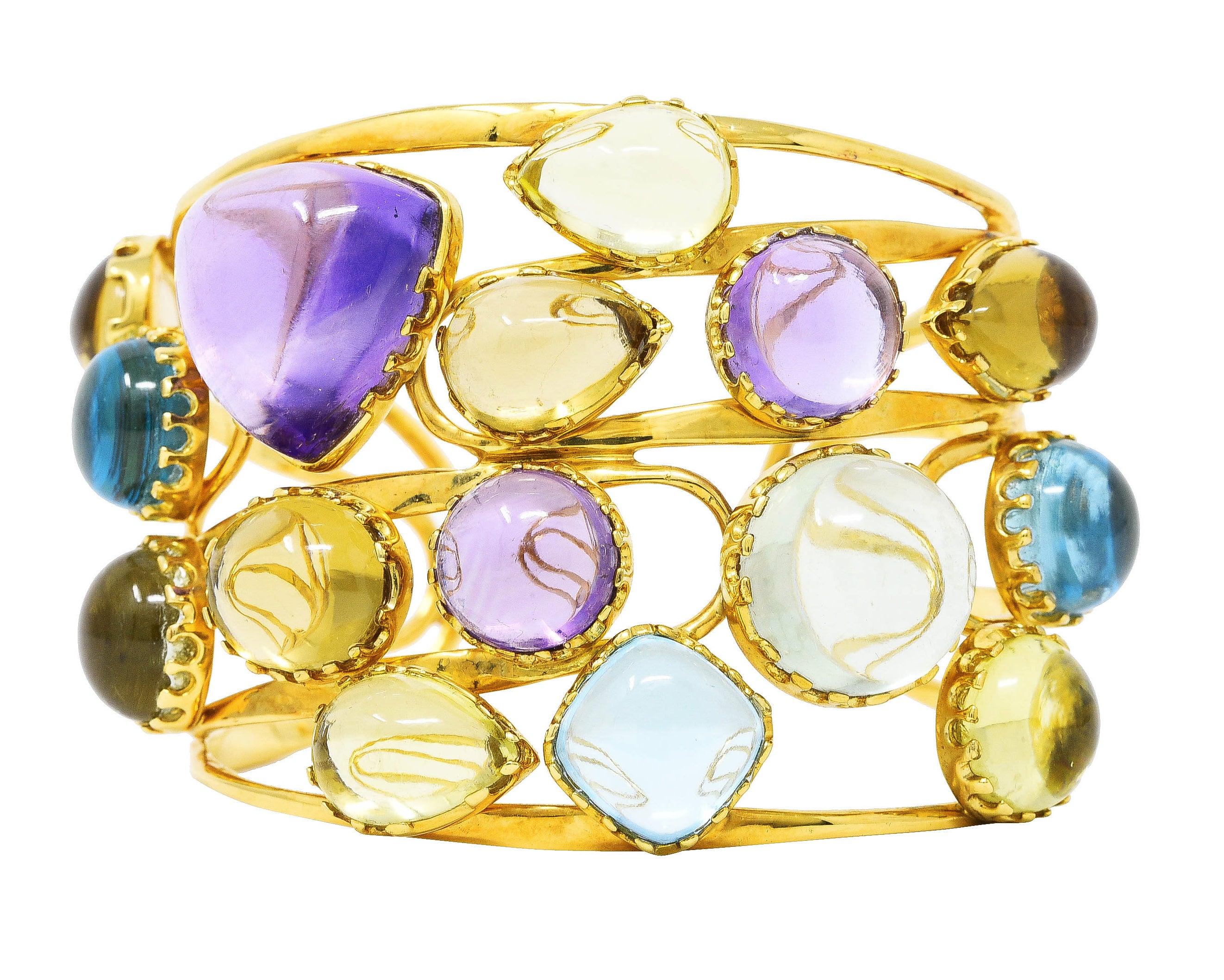 Roberto Coin 1990's Amethyst Peridot Topaz Citrine 18 Karat Yellow Gold Ipanema Vintage Multi-Gem Cuff Bracelet Wilson's Estate Jewelry