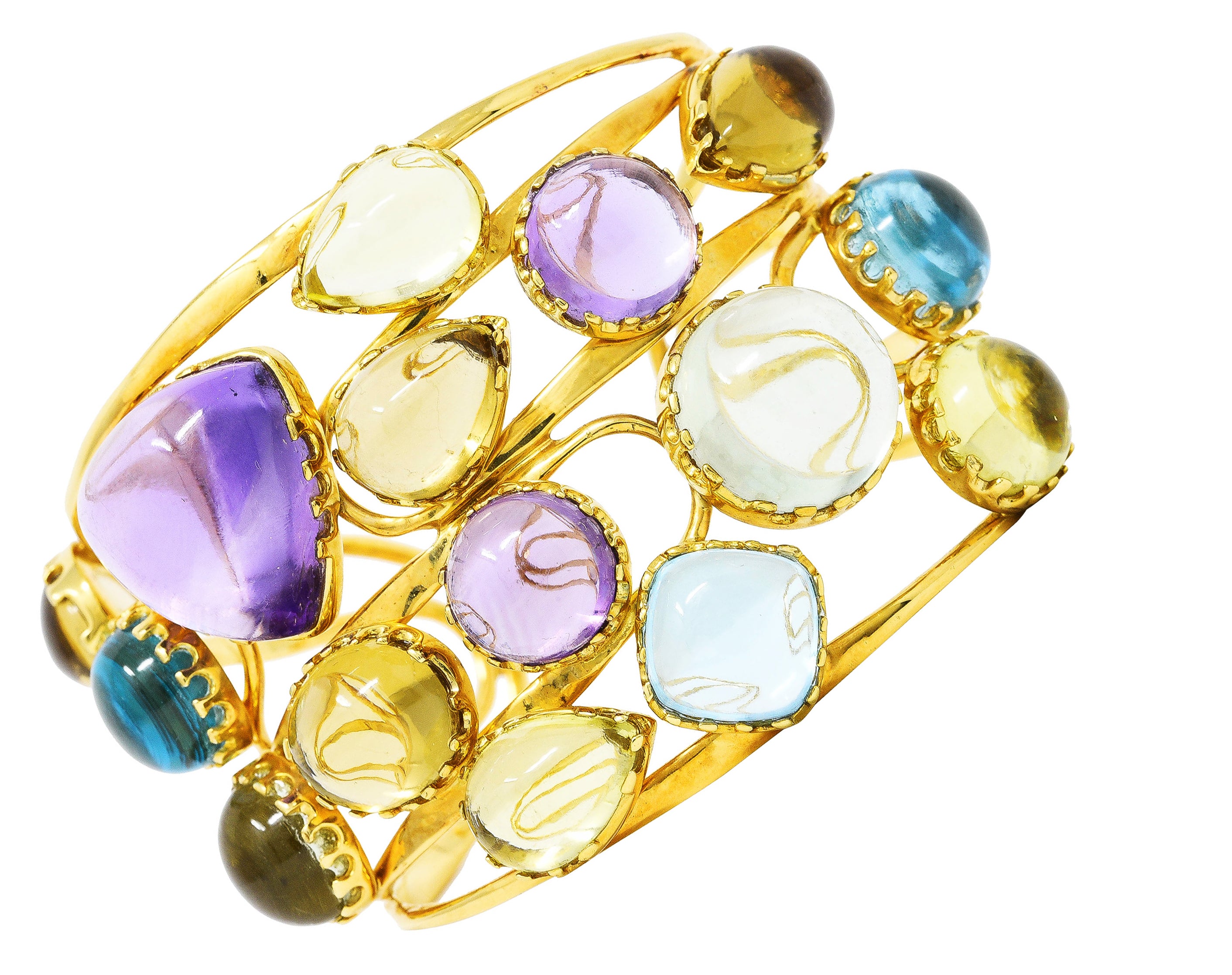 Roberto Coin 1990's Amethyst Peridot Topaz Citrine 18 Karat Yellow Gold Ipanema Vintage Multi-Gem Cuff Bracelet Wilson's Estate Jewelry