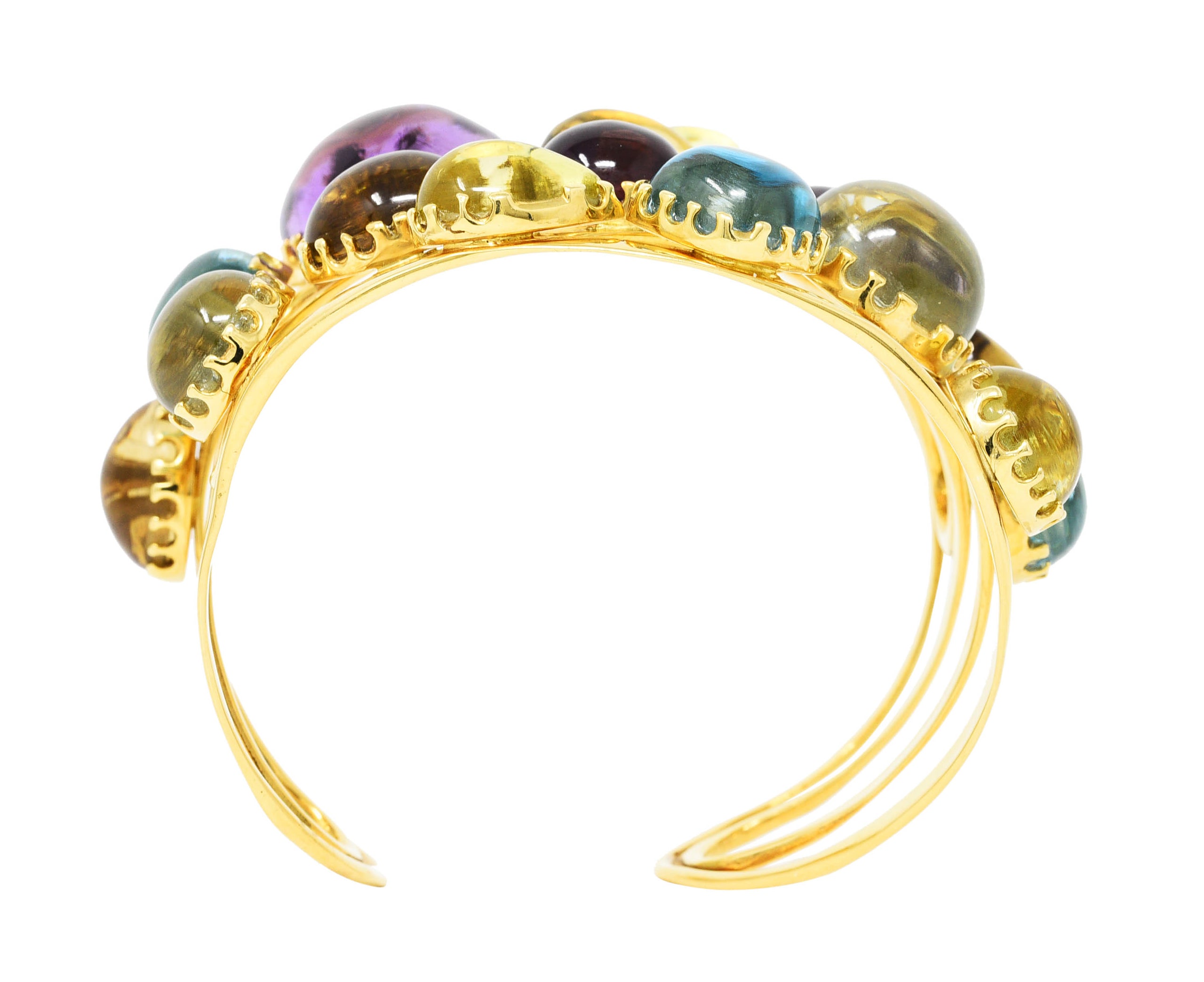 Roberto Coin 1990's Amethyst Peridot Topaz Citrine 18 Karat Yellow Gold Ipanema Vintage Multi-Gem Cuff Bracelet Wilson's Estate Jewelry