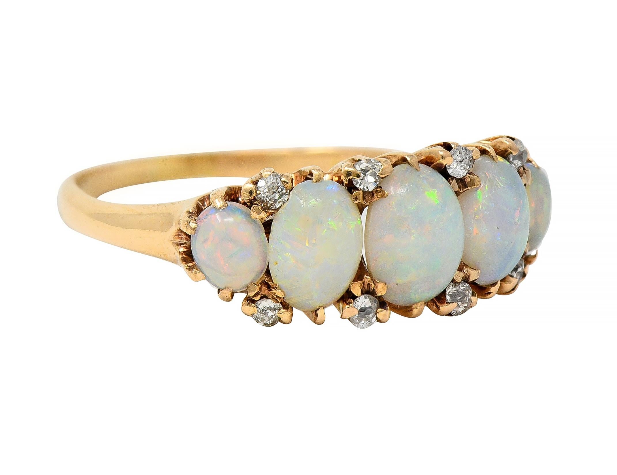 Victorian Opal Diamond 14 Karat Yellow Gold Antique Five Stone Band Ring