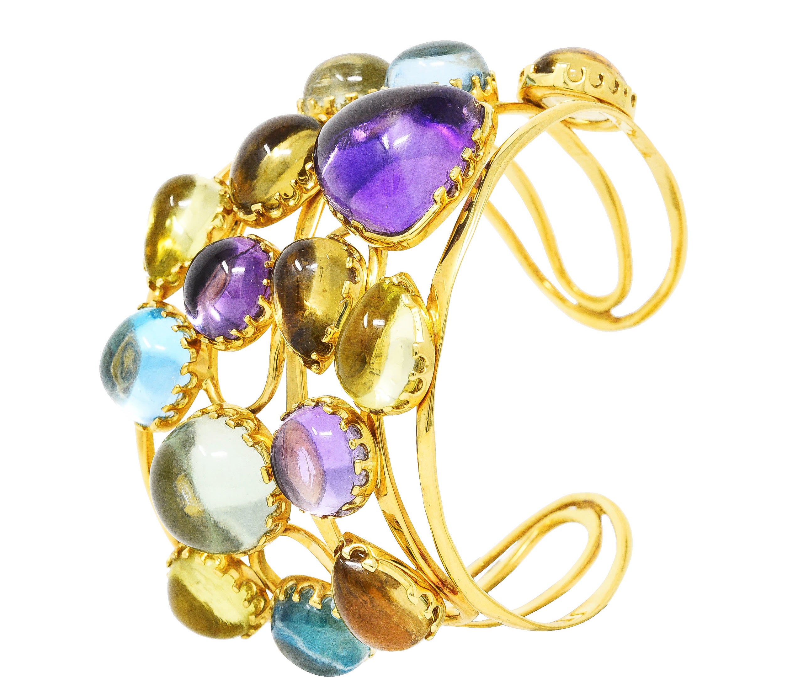 Roberto Coin 1990's Amethyst Peridot Topaz Citrine 18 Karat Yellow Gold Ipanema Vintage Multi-Gem Cuff Bracelet Wilson's Estate Jewelry
