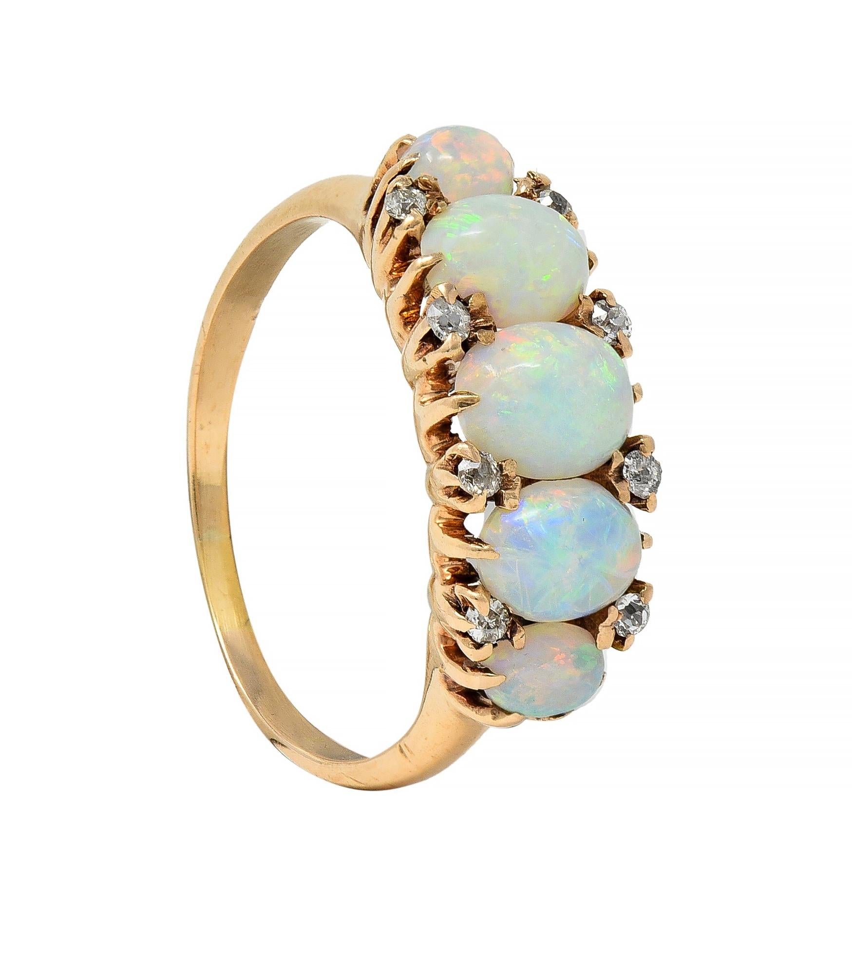 Victorian Opal Diamond 14 Karat Yellow Gold Antique Five Stone Band Ring