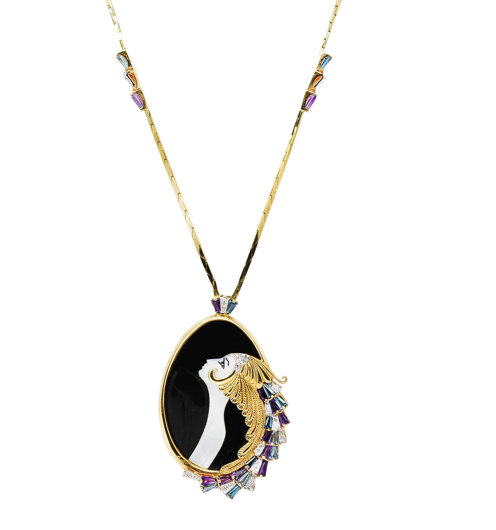 Erté Beauty of The Beast Diamond Amethyst Topaz Onyx Mother-Of-Pearl Platinum 14 Karat Yellow Gold Beauty and the Beast Vintage Pendant Necklace Wilson's Estate Jewelry