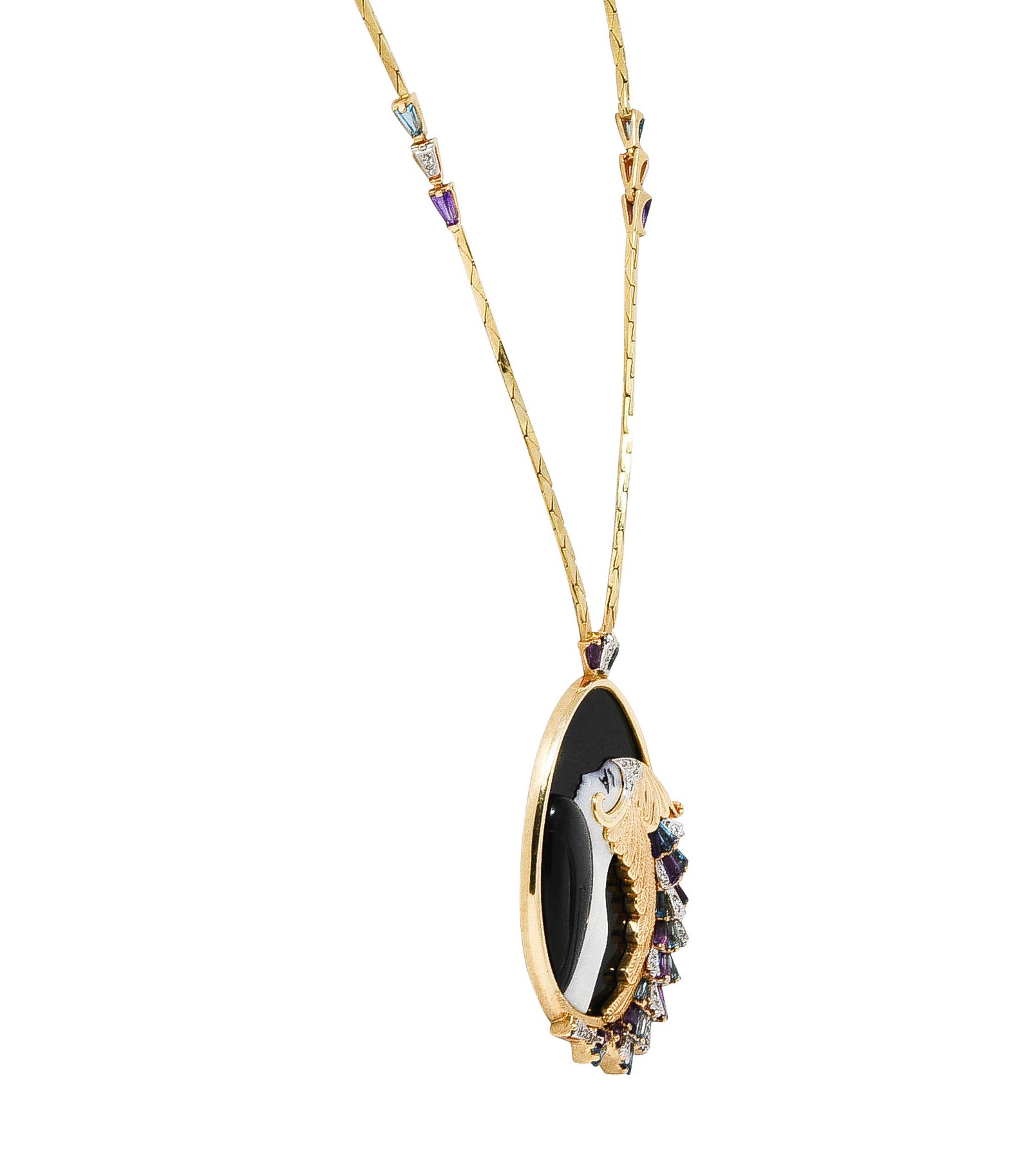 Erté Beauty of The Beast Diamond Amethyst Topaz Onyx Mother-Of-Pearl Platinum 14 Karat Yellow Gold Beauty and the Beast Vintage Pendant Necklace Wilson's Estate Jewelry