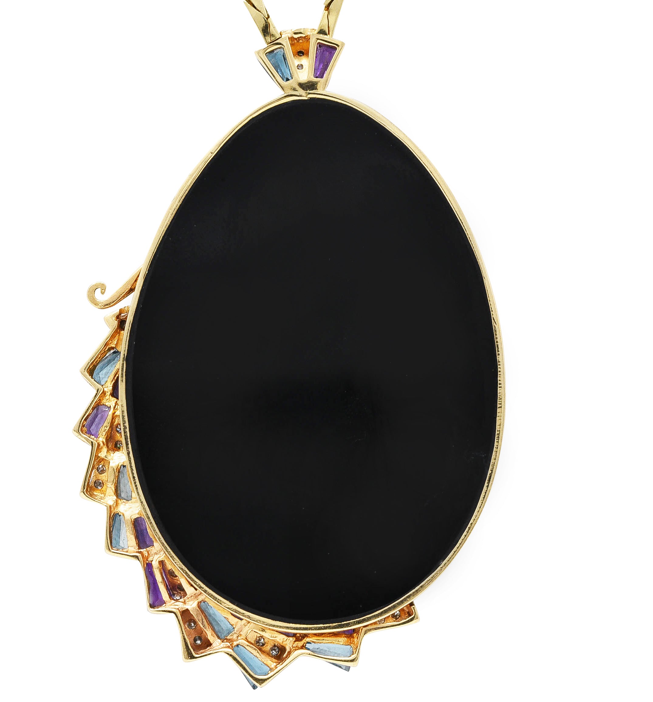 Erté Beauty of The Beast Diamond Amethyst Topaz Onyx Mother-Of-Pearl Platinum 14 Karat Yellow Gold Beauty and the Beast Vintage Pendant Necklace Wilson's Estate Jewelry