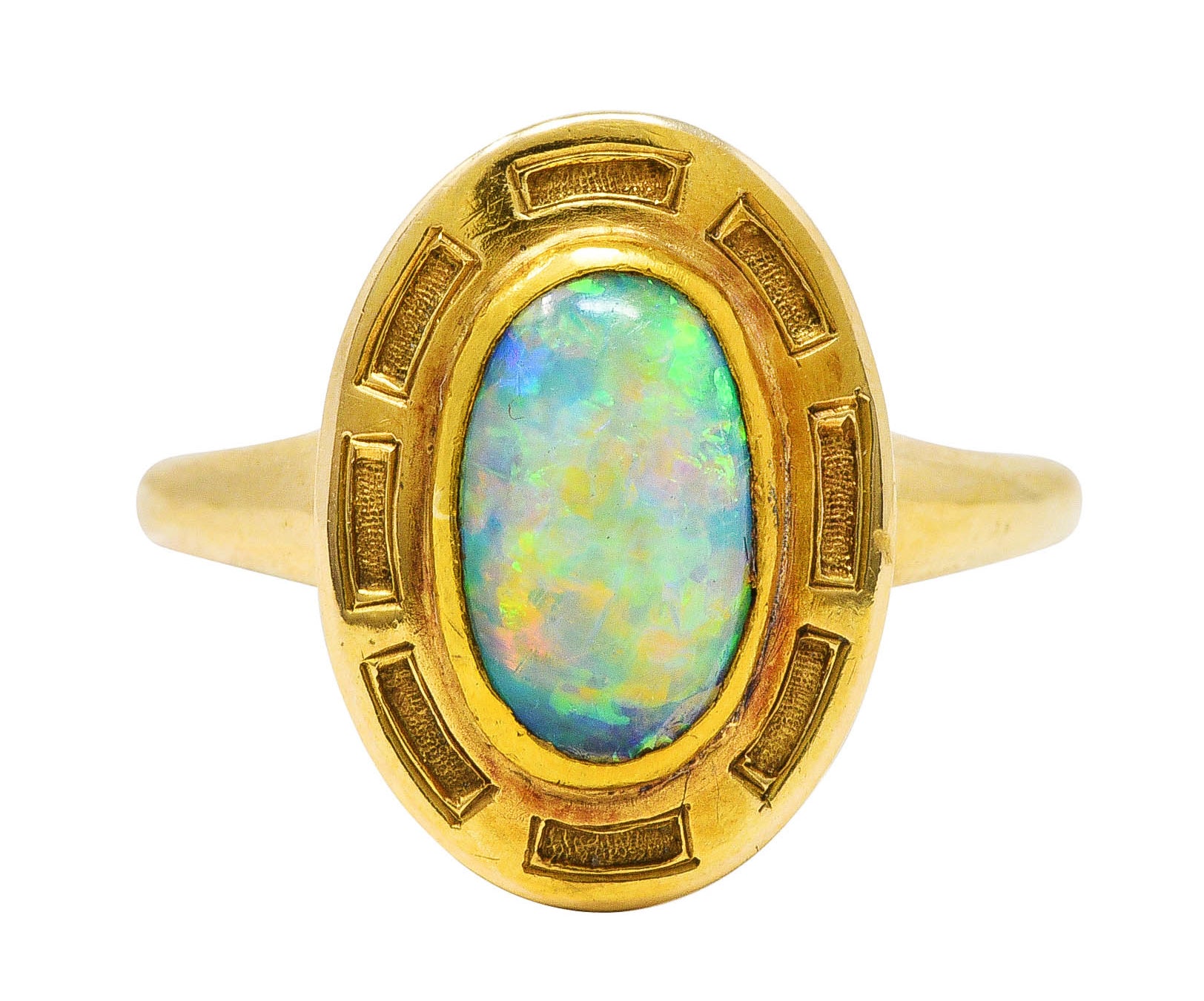 .11111 *# CONFIRM a MEASUREMENT Art Nouveau Opal 14 Karat Yellow Gold Geometric Gemstone Ring Wilson's Estate Jewelry