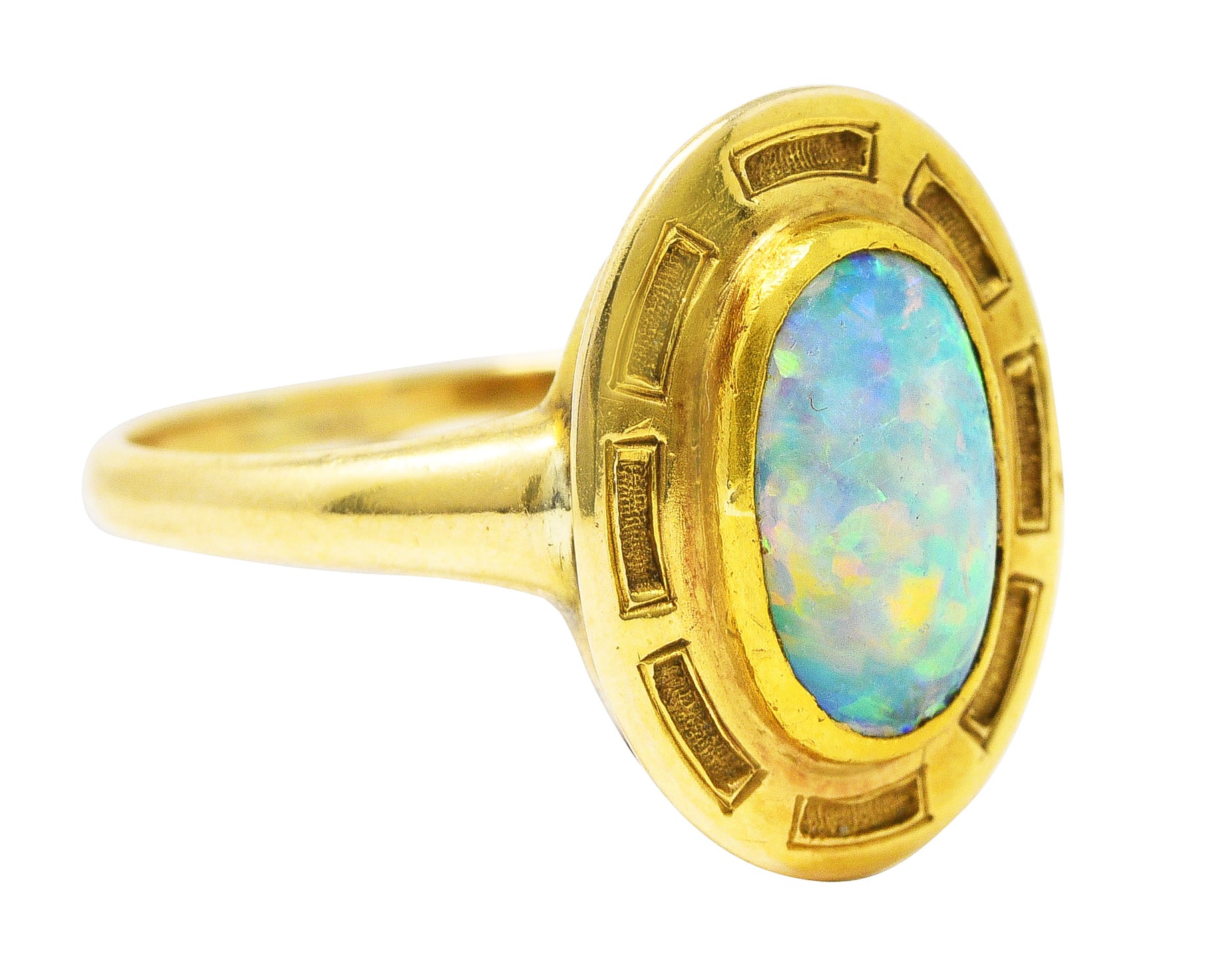 .11111 *# CONFIRM a MEASUREMENT Art Nouveau Opal 14 Karat Yellow Gold Geometric Gemstone Ring Wilson's Estate Jewelry