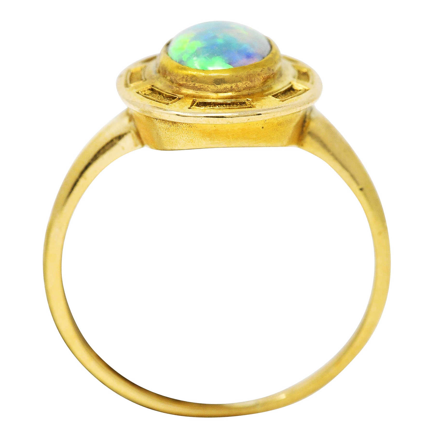 .11111 *# CONFIRM a MEASUREMENT Art Nouveau Opal 14 Karat Yellow Gold Geometric Gemstone Ring Wilson's Estate Jewelry