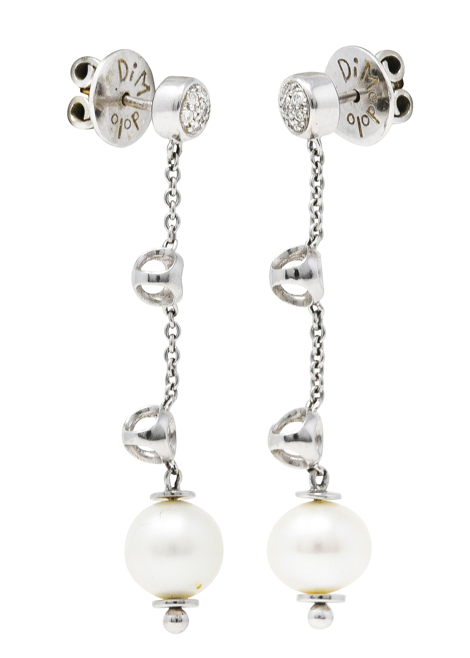 Di Modolo Vintage Diamond Pearl 18 Karat White Gold Triadra Drop Earrings Wilson's Estate Jewelry