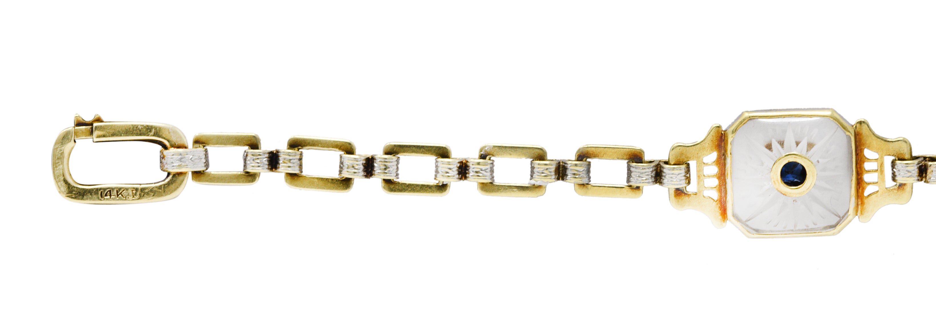 Krementz Art Deco Sapphire Diamond Camphor Glass 14 Karat Two-Tone Gold Bracelet Wilson's Estate Jewelry