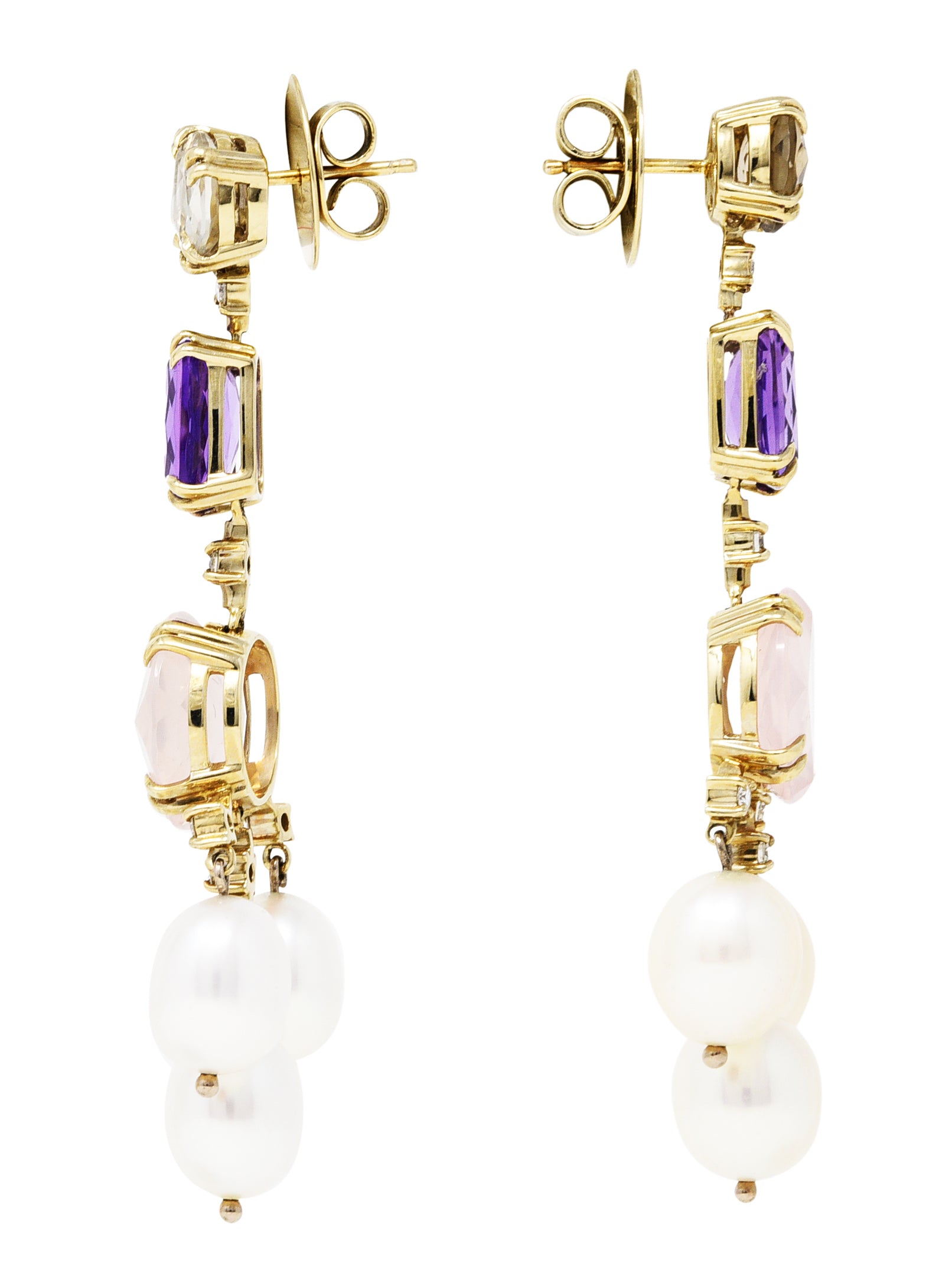 H. Stern Rose Quartz Amethyst Diamond Pearl 18 Karat Yellow Gold Chandelier Earrings Wilson's Estate Jewelry