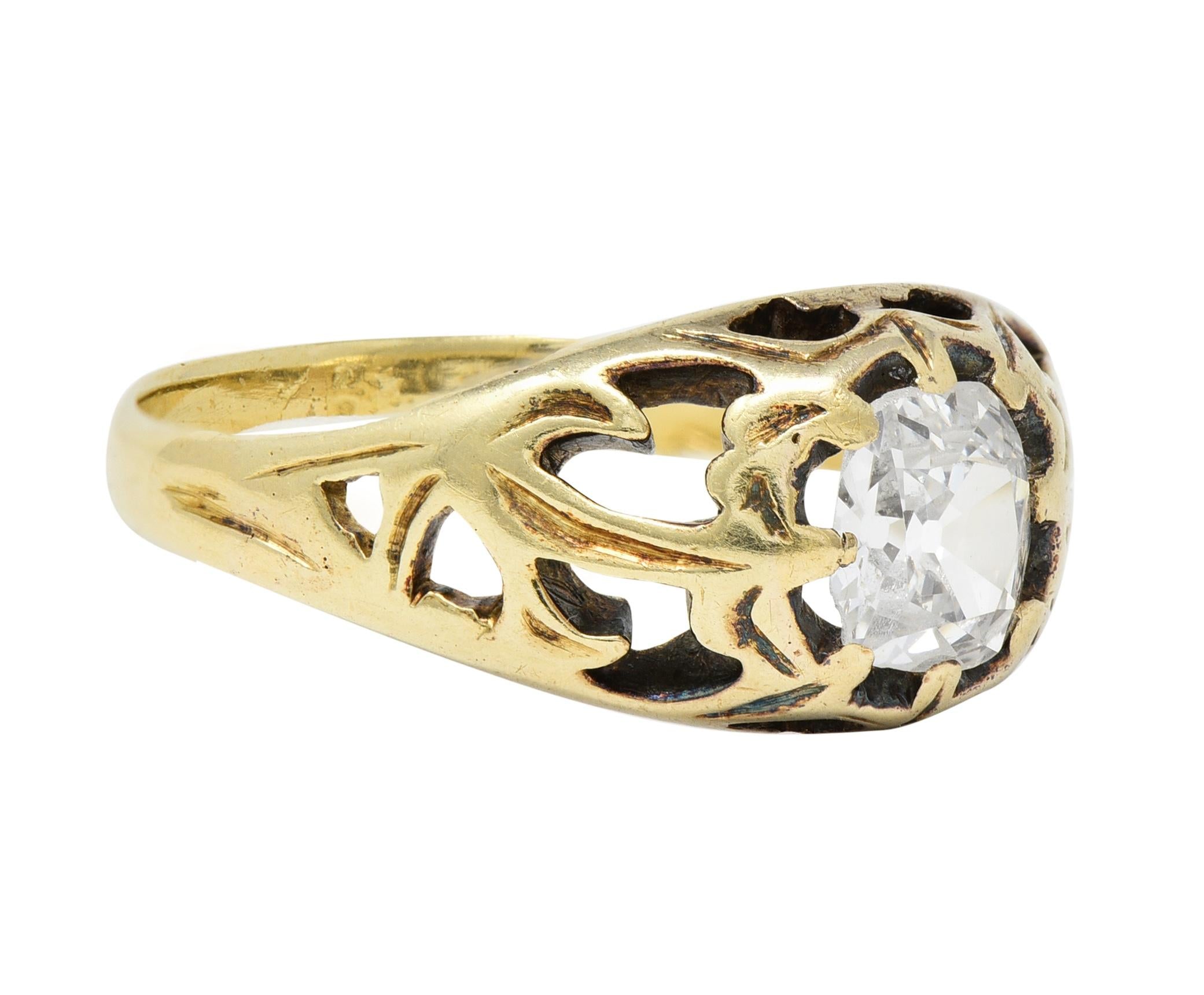 Art Nouveau 0.53 CTW Old Mine Diamond 18 Karat Gold Belcher Engagement Ring