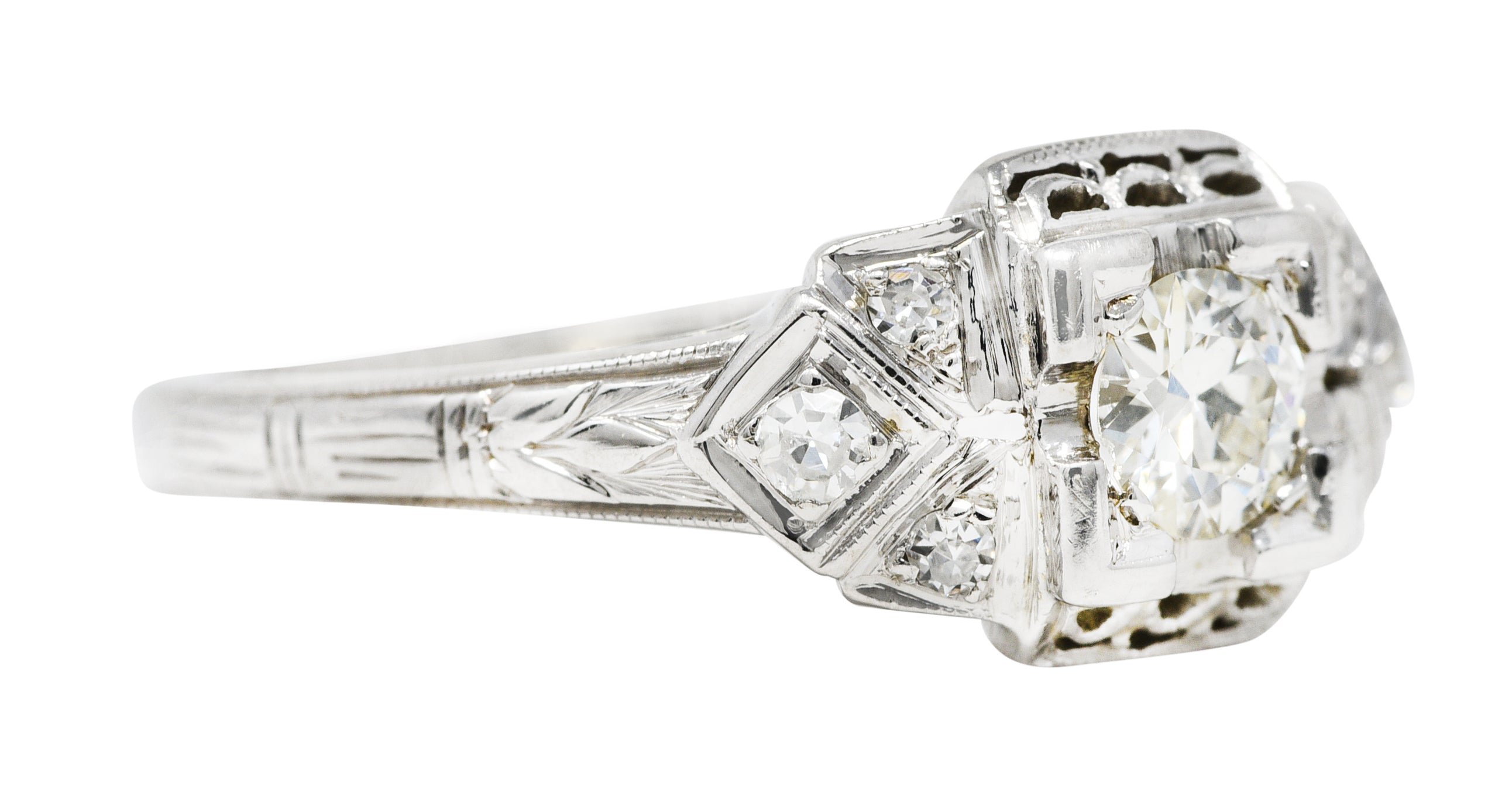 Art Deco 0.25 CTW Old European Cut Diamond 18 Karat White Gold Wheat Engagement Ring Wilson's Estate Jewelry